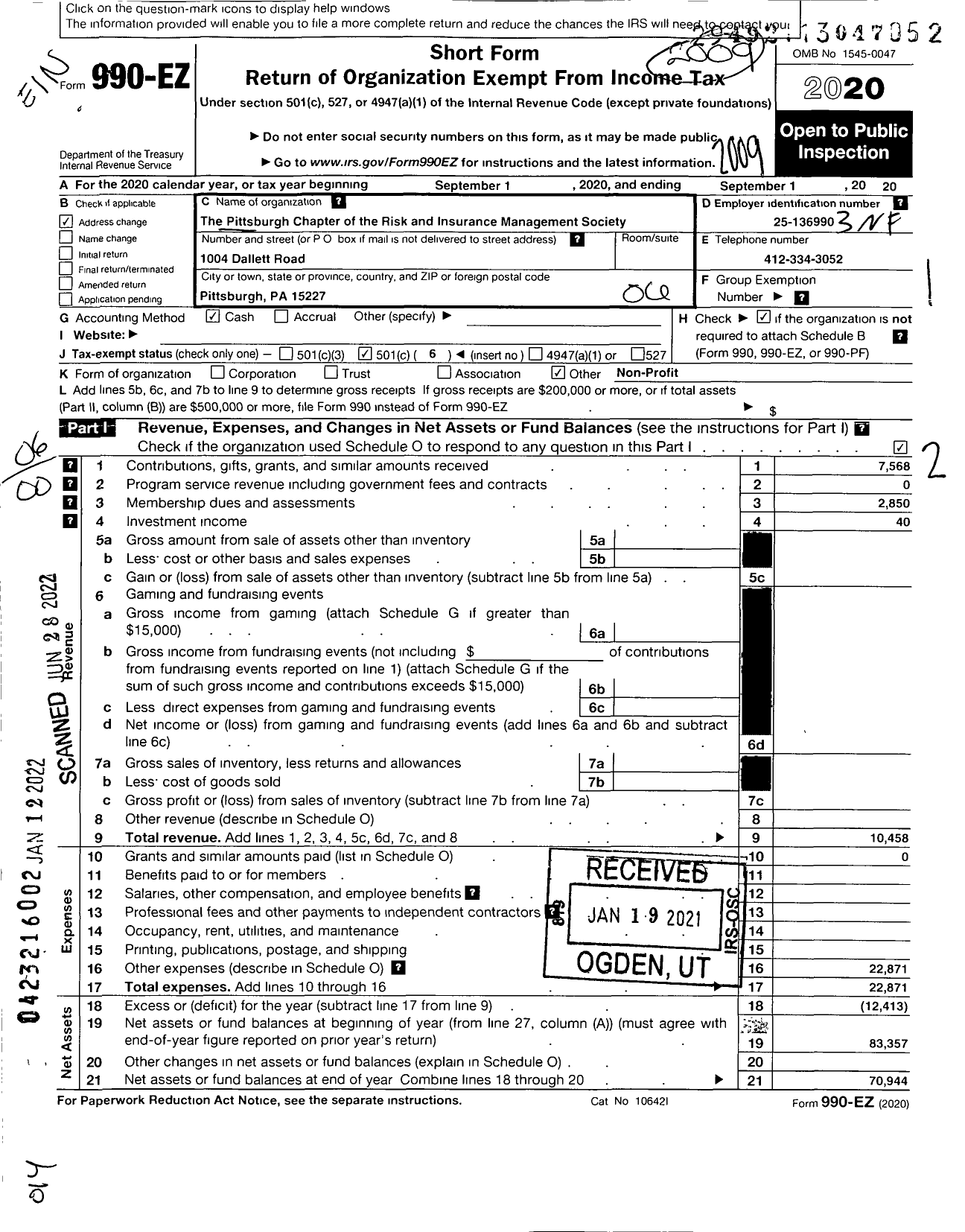 Image of first page of 2019 Form 990EO for Pittsburgh Chapter Risk and Insurance Management Society