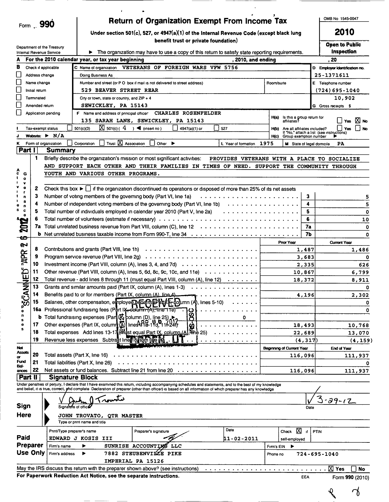 Image of first page of 2010 Form 990O for VFW Department of Pennsylvania - 5756 Donald T Campbell