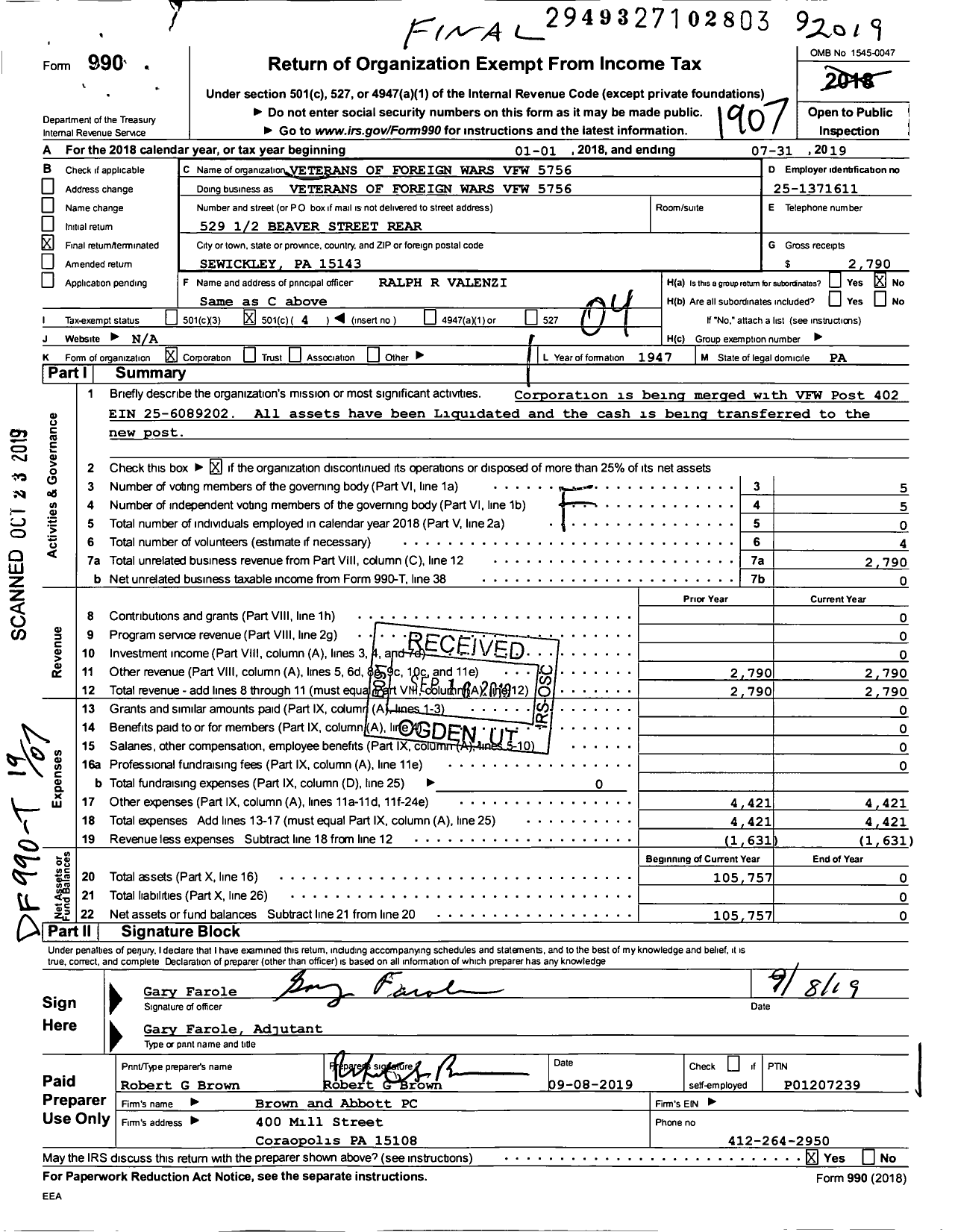 Image of first page of 2018 Form 990O for VFW Department of Pennsylvania - 5756 Donald T Campbell