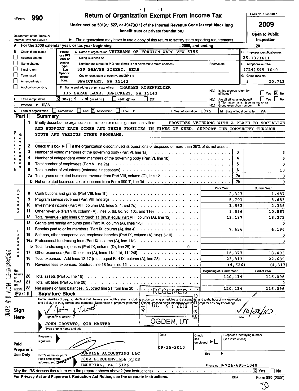 Image of first page of 2009 Form 990O for VFW Department of Pennsylvania - 5756 Donald T Campbell