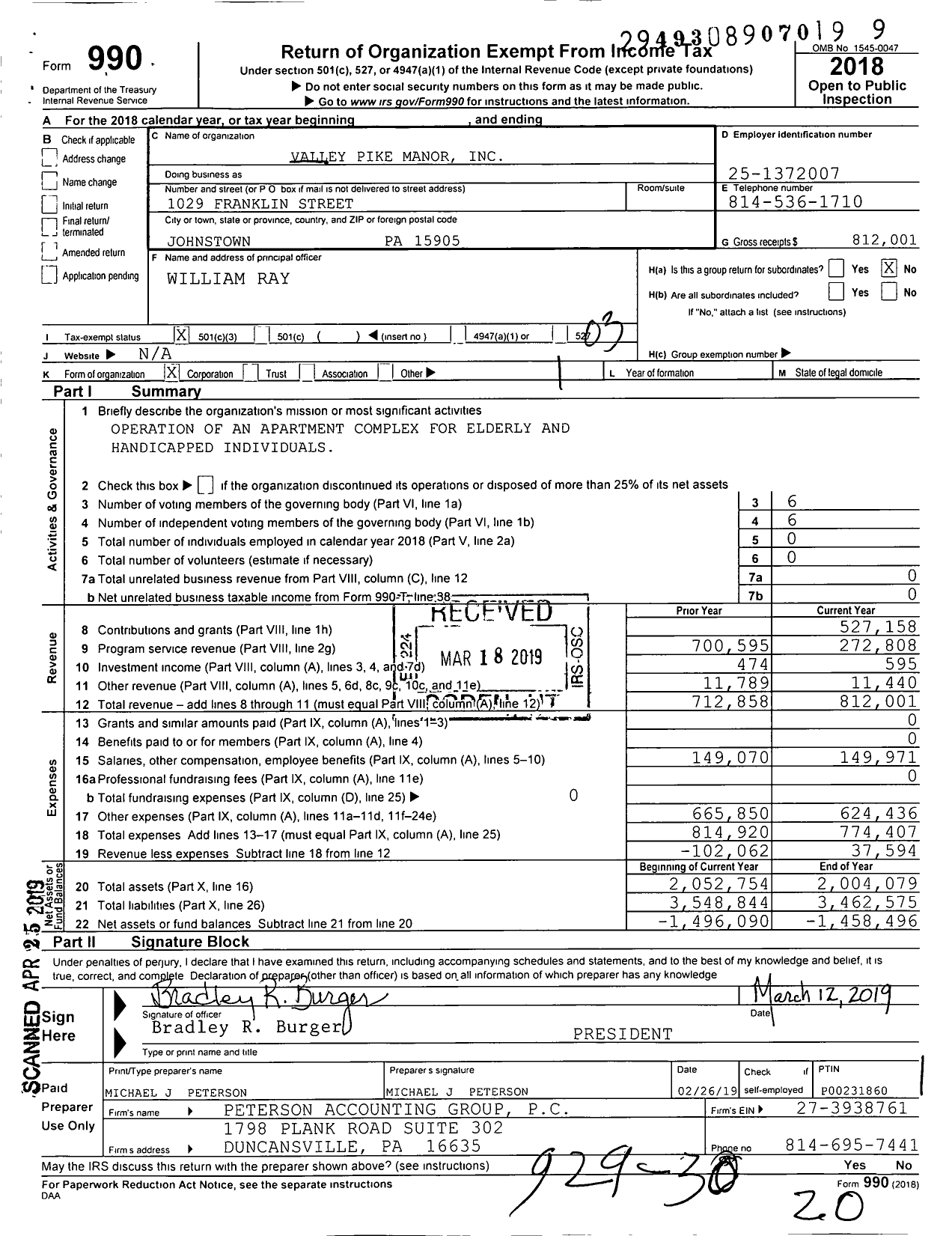 Image of first page of 2018 Form 990 for Valley Pike Manor