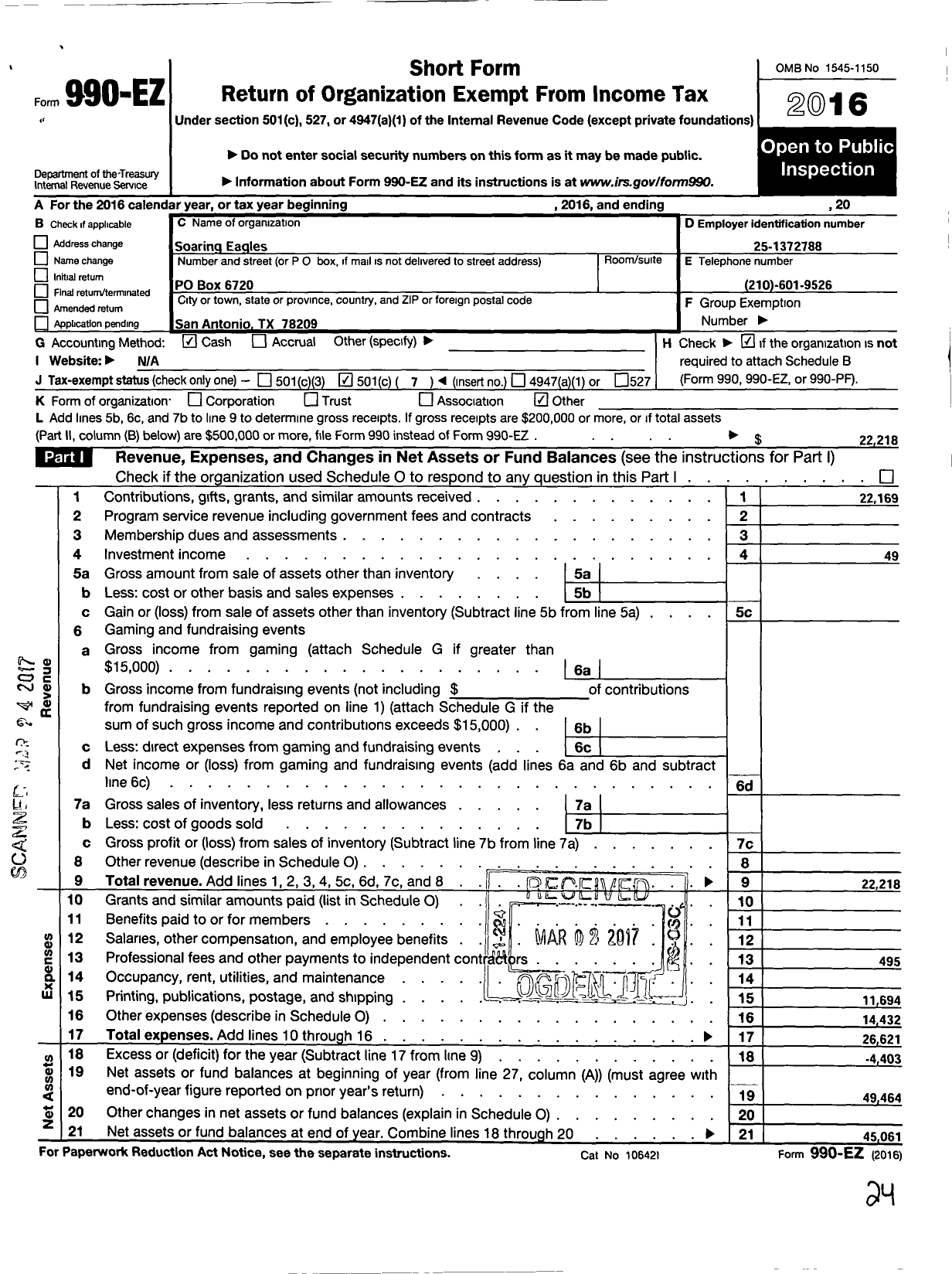 Image of first page of 2016 Form 990EO for Soaring Eagles