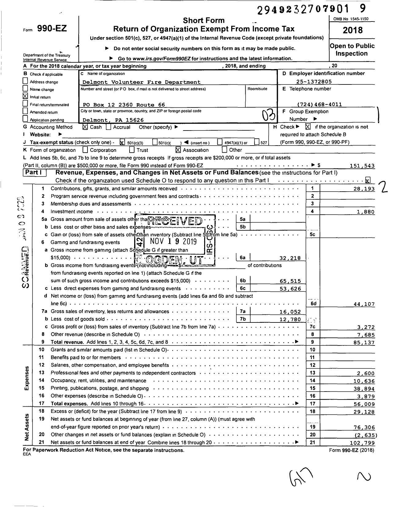 Image of first page of 2018 Form 990EZ for Delmont Volunteer Fire Department