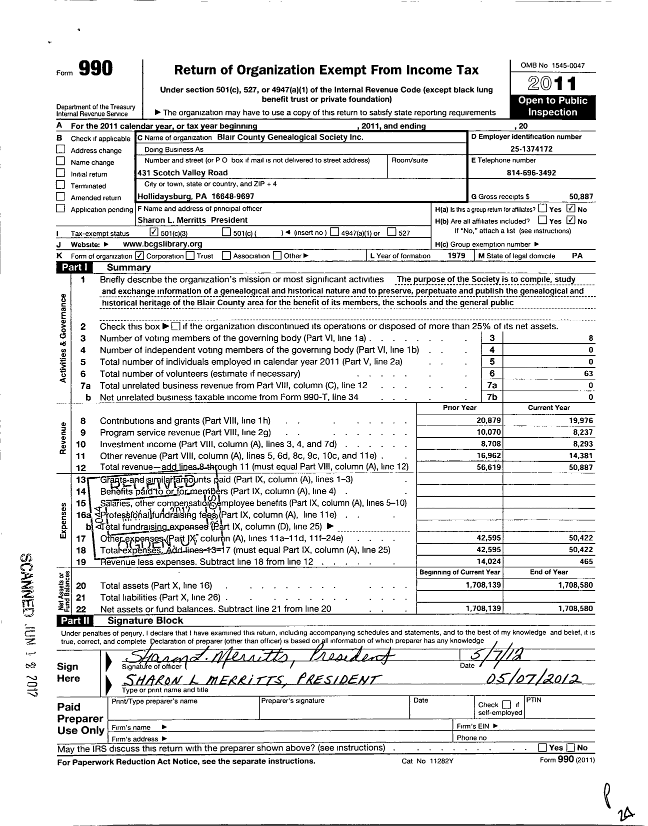 Image of first page of 2011 Form 990 for Blair County Genealogical Society