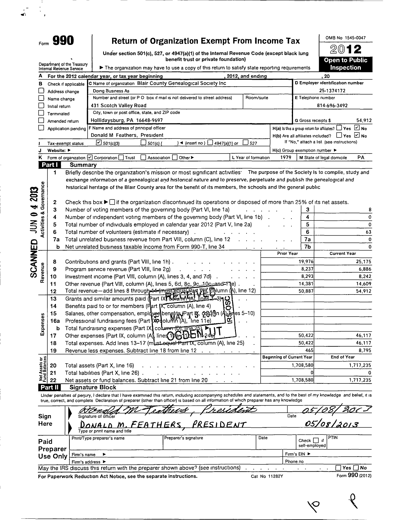 Image of first page of 2012 Form 990 for Blair County Genealogical Society