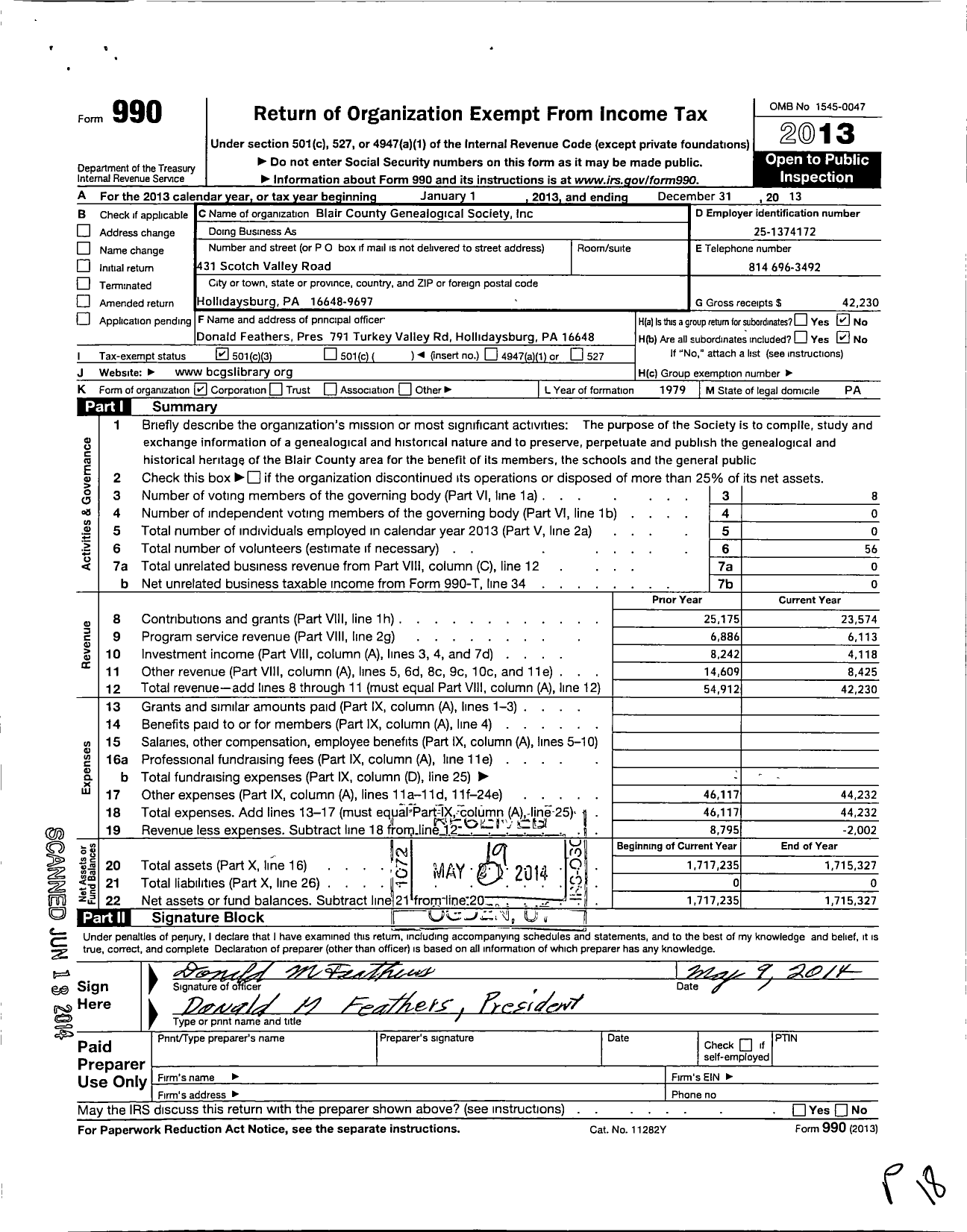 Image of first page of 2013 Form 990 for Blair County Genealogical Society