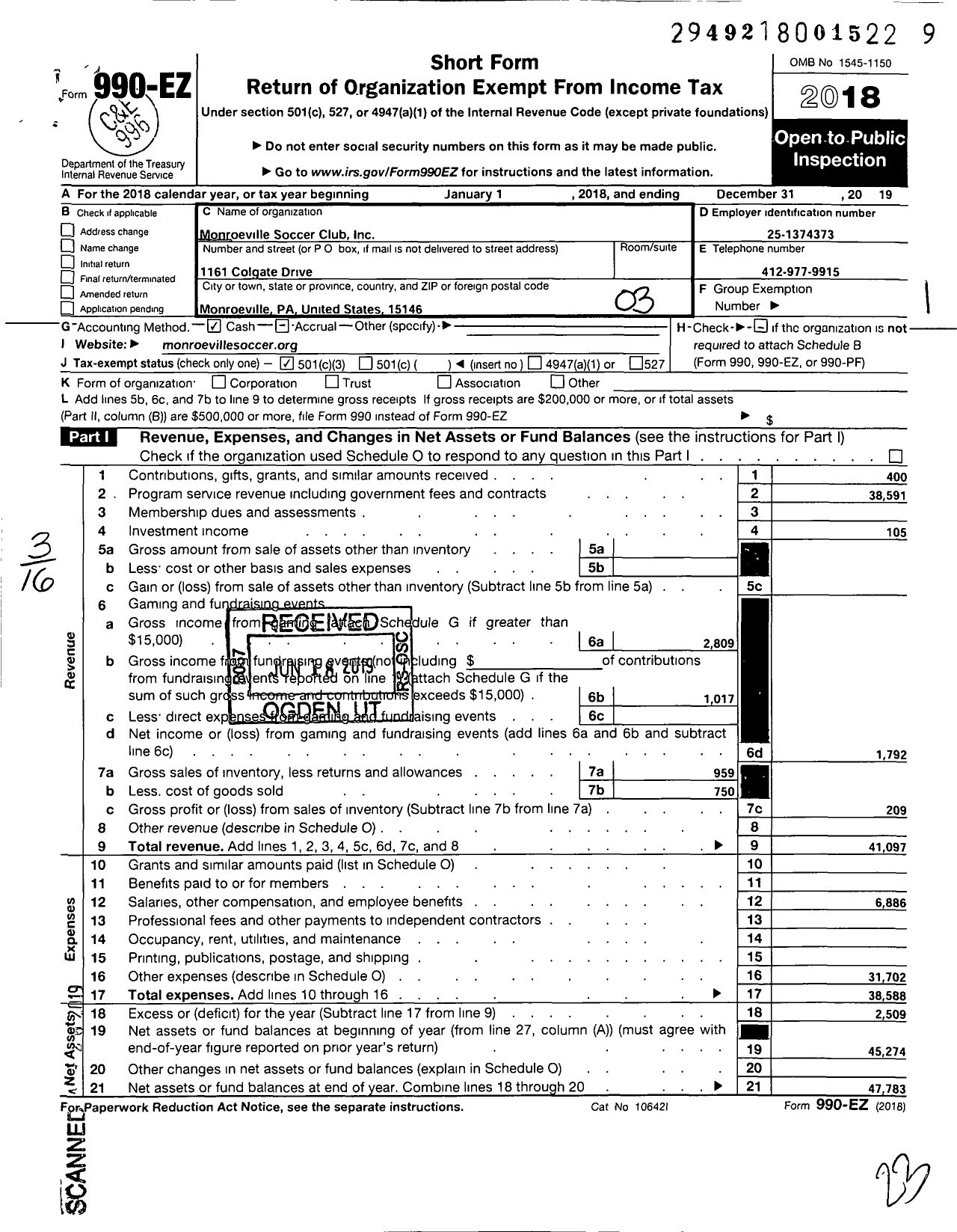 Image of first page of 2019 Form 990EZ for Monroeville Soccer Club