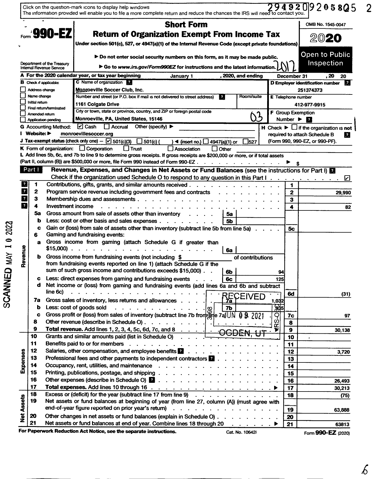 Image of first page of 2020 Form 990EZ for Monroeville Soccer Club