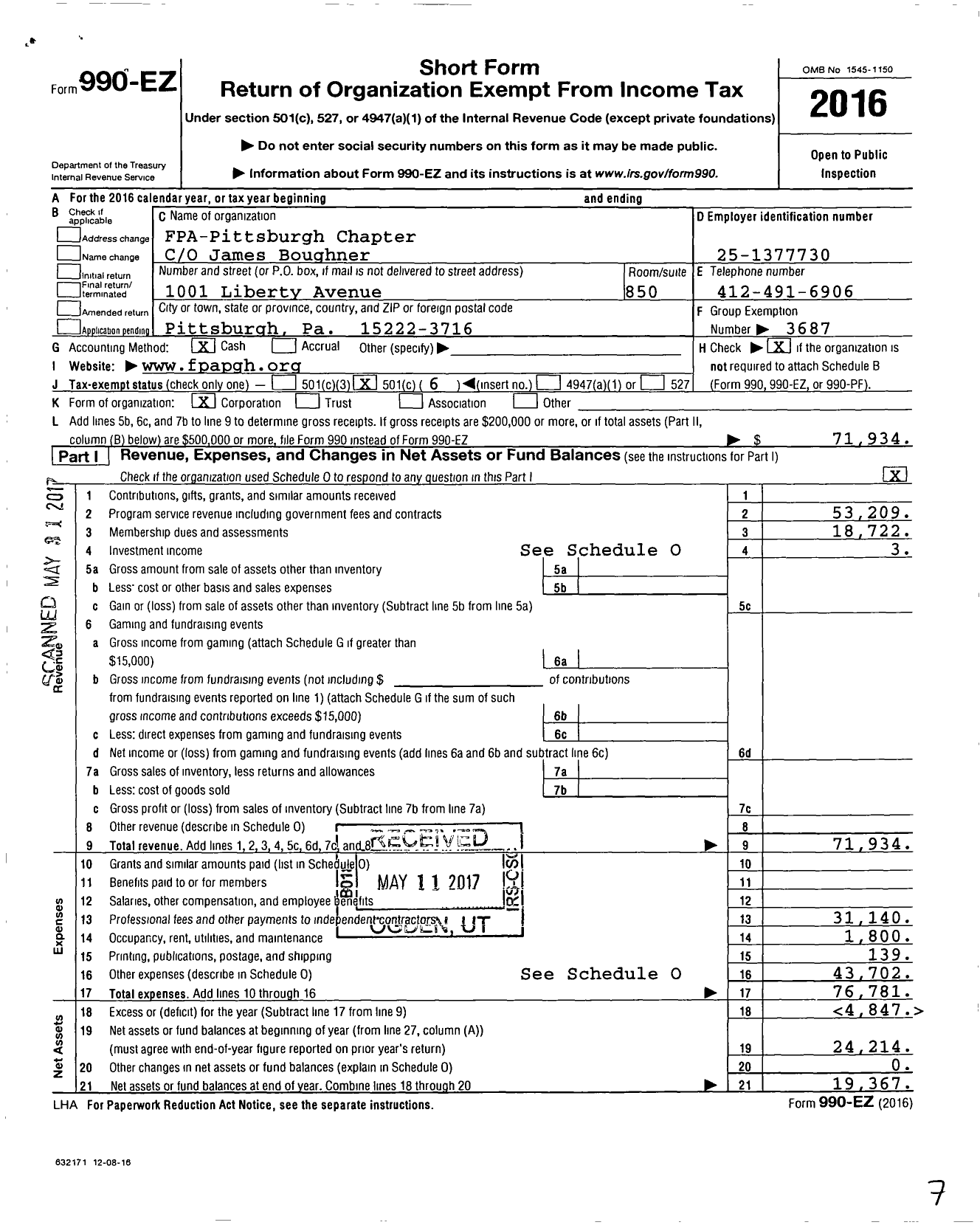 Image of first page of 2016 Form 990EO for FINANCIAL PLANNING ASSOCIATION - Pittsburgh Chapter