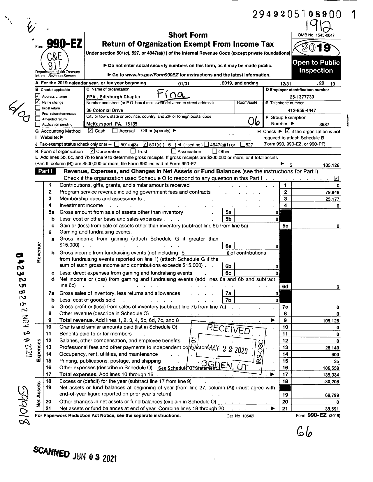 Image of first page of 2019 Form 990EO for FINANCIAL PLANNING ASSOCIATION - Pittsburgh Chapter