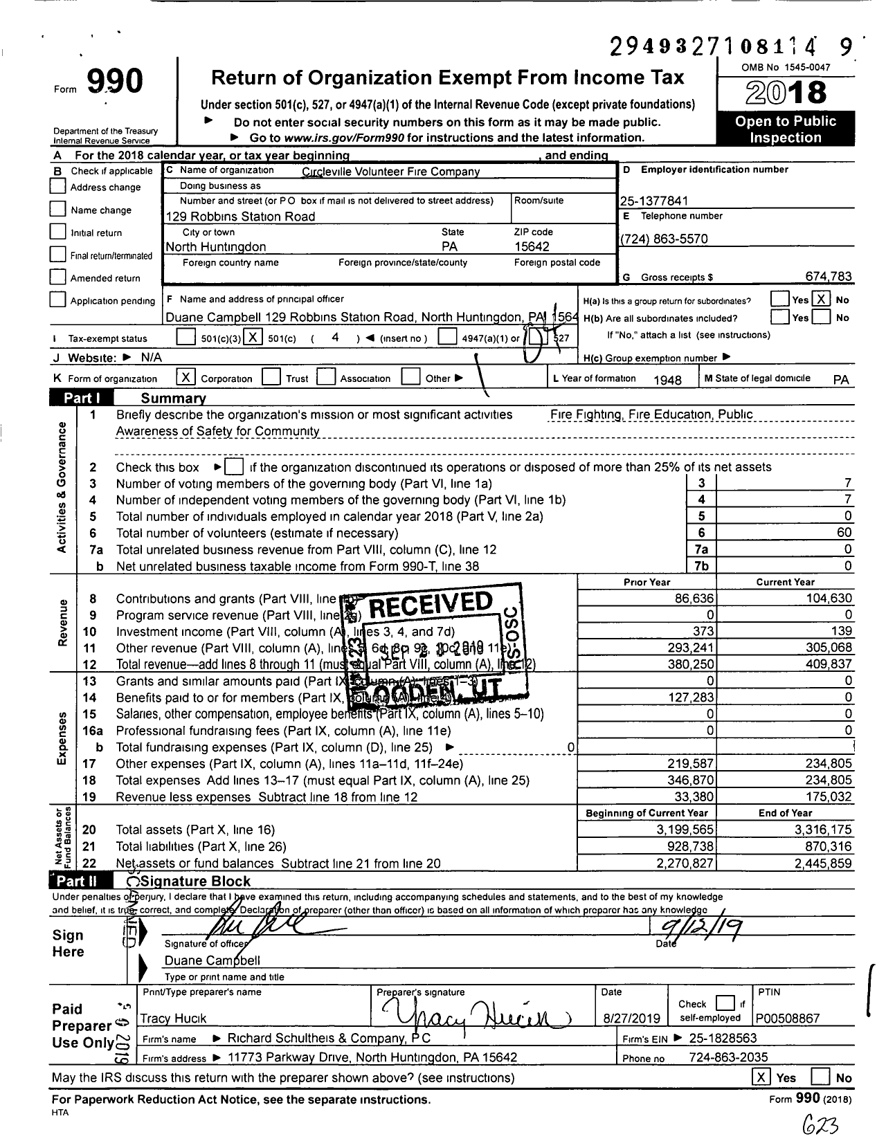 Image of first page of 2018 Form 990O for Circleville Volunteer Fire Company / North Huntingdon Township No 6