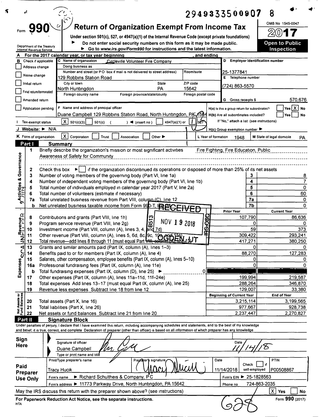 Image of first page of 2017 Form 990 for Circleville Volunteer Fire Company / North Huntingdon Township No 6