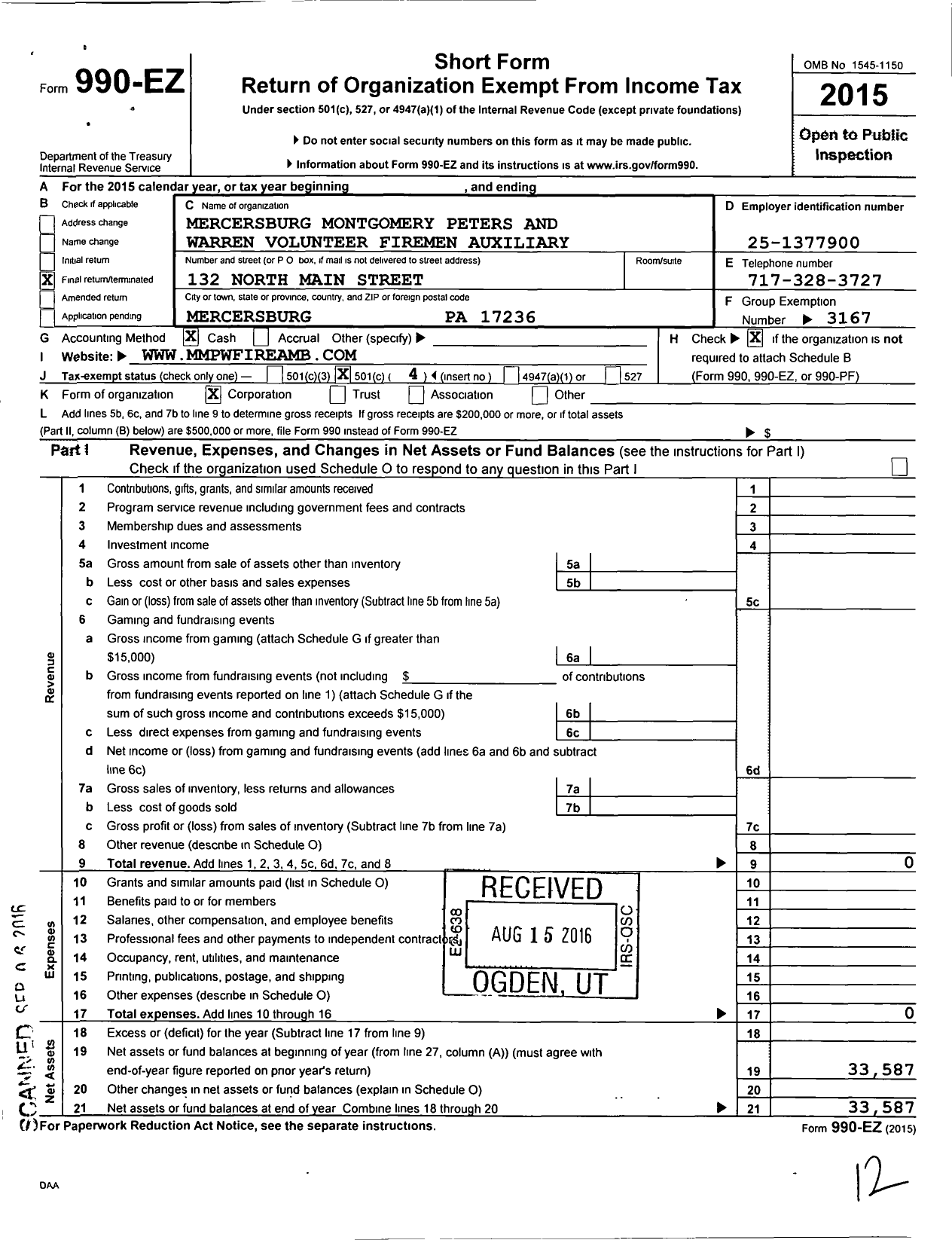 Image of first page of 2015 Form 990EO for Mercersburg Montgomery Peters and Warren Volunteer Firemens Auxiliary