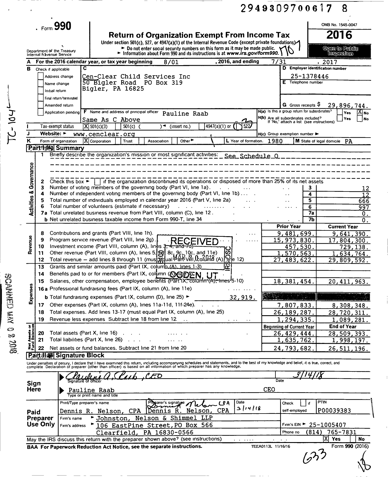Image of first page of 2016 Form 990 for CenClear Child Services (CCS)
