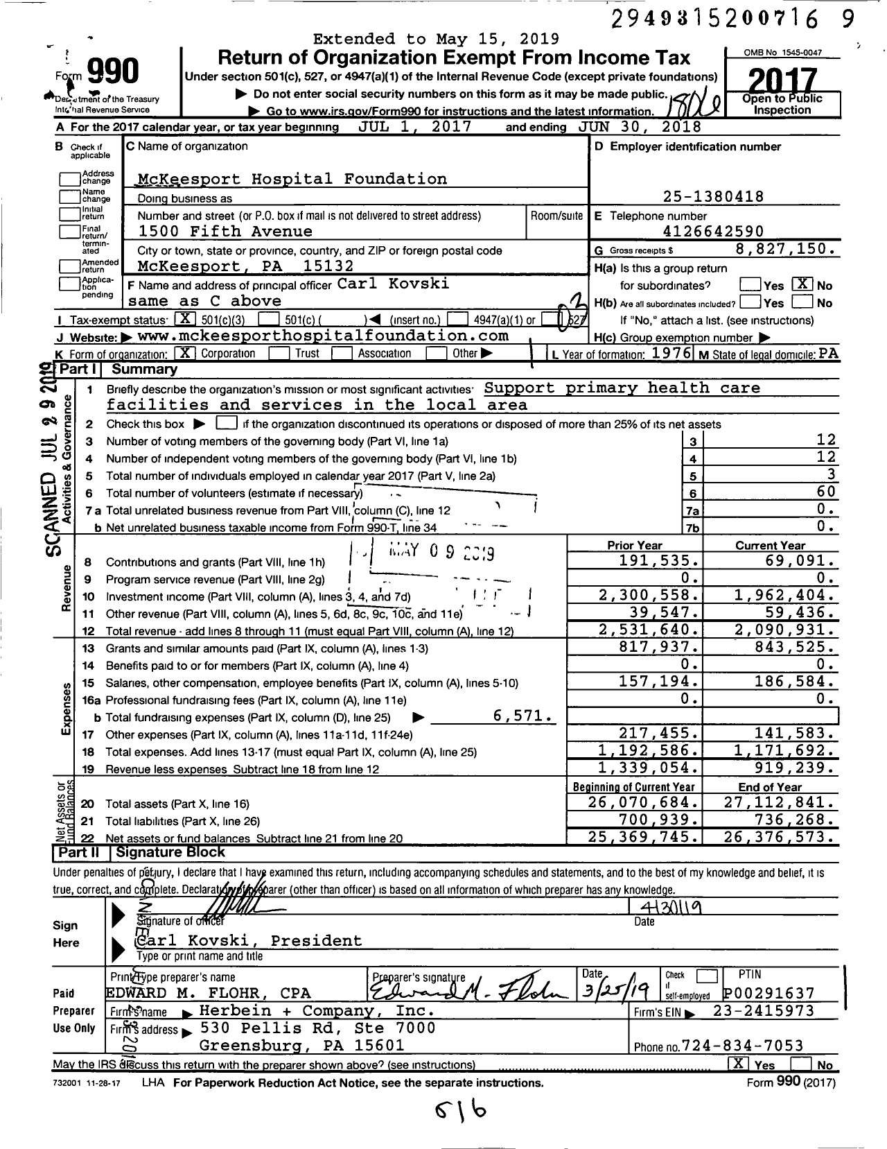 Image of first page of 2017 Form 990 for McKeesport Hospital Foundation