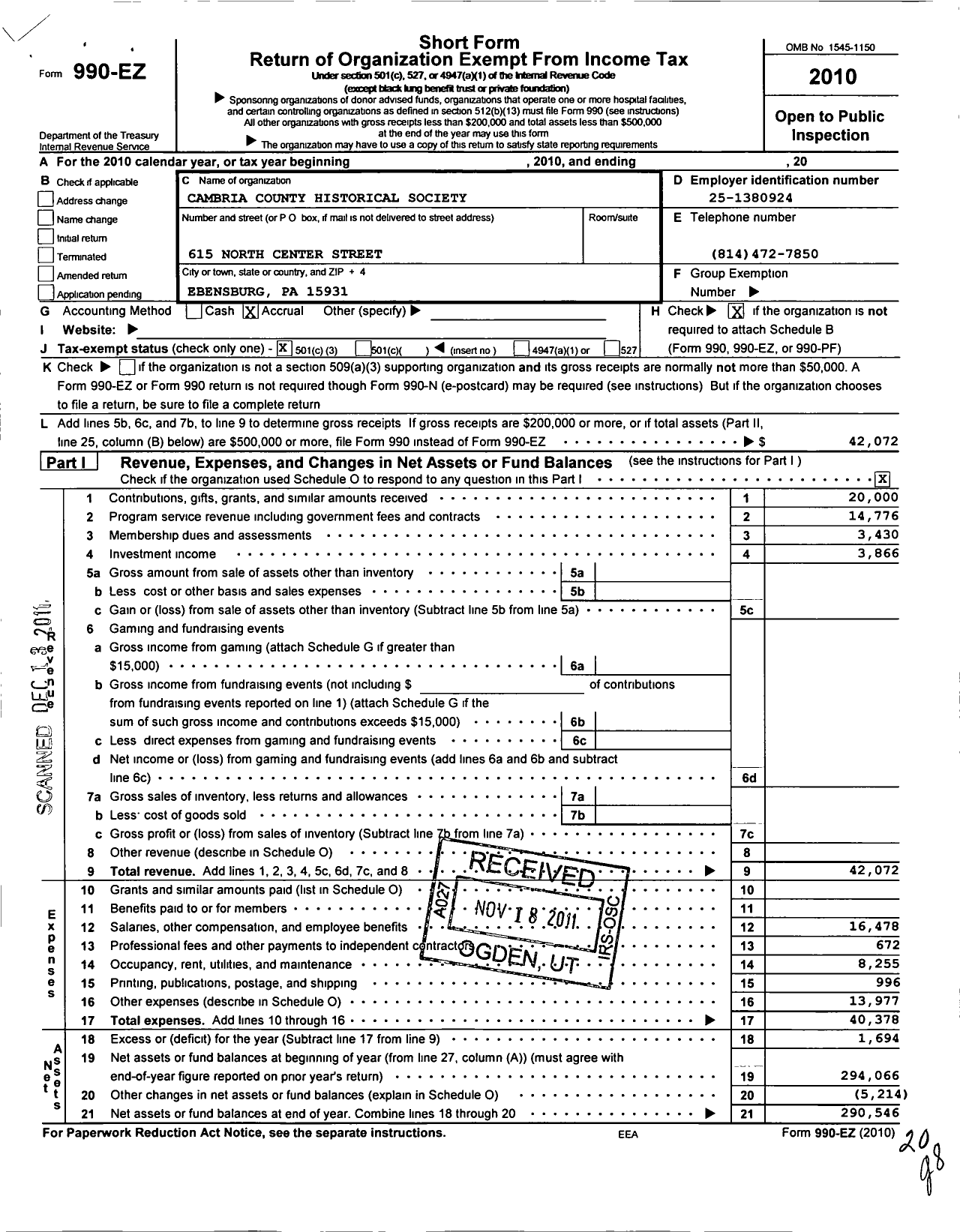 Image of first page of 2010 Form 990EZ for Cambria County Historical Society