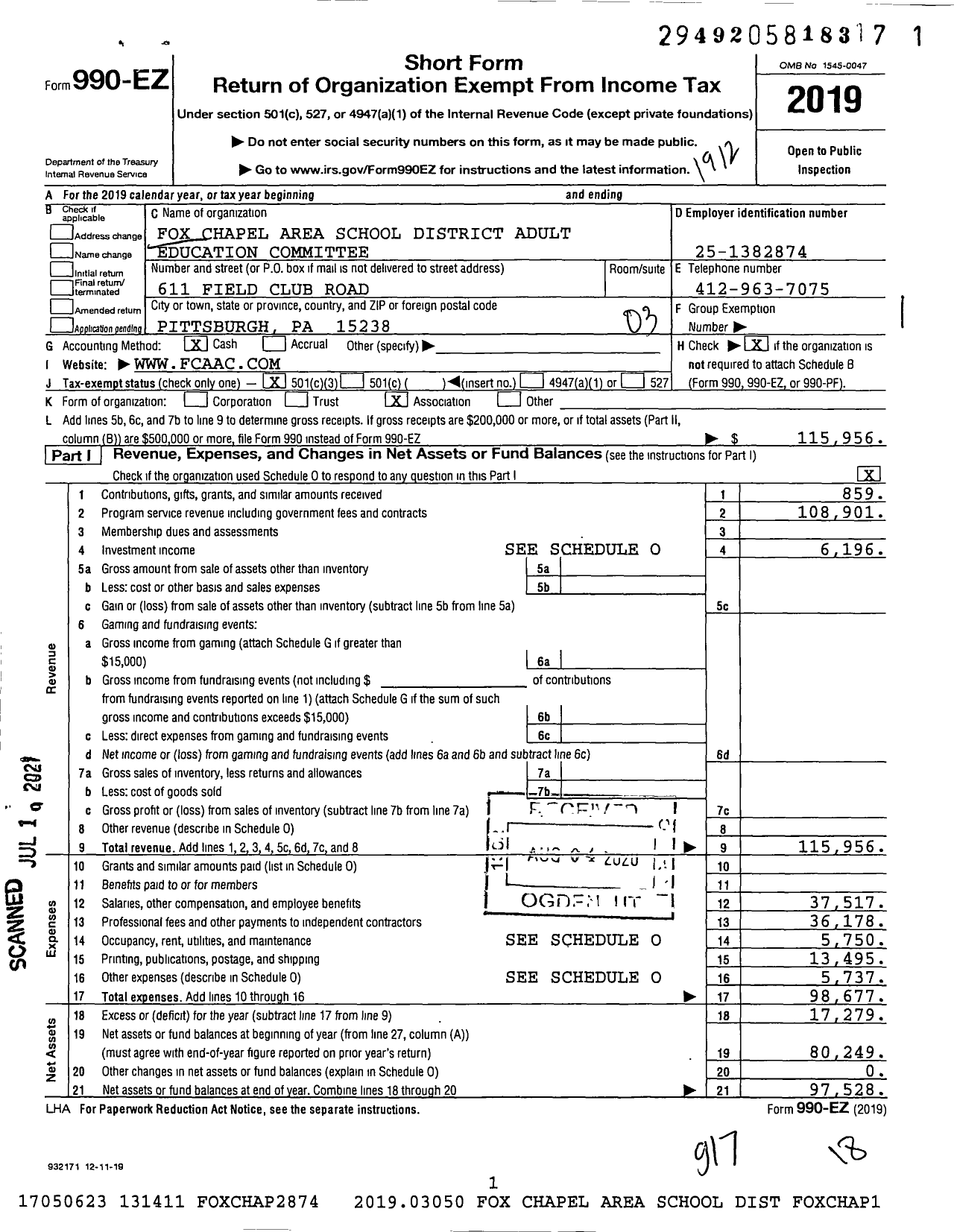 Image of first page of 2019 Form 990EZ for Fox Chapel Area School District Adult Education Committee