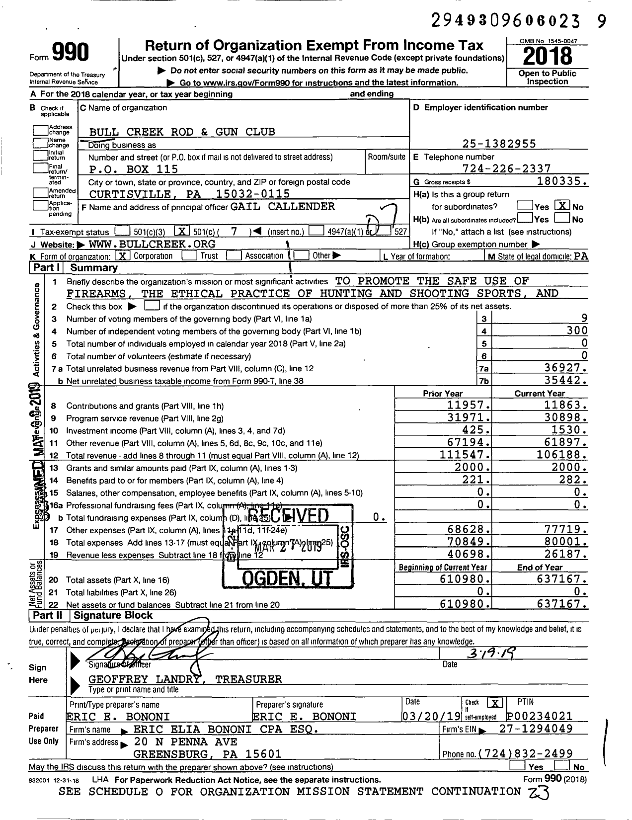 Image of first page of 2018 Form 990O for Bull Creek Rod and Gun Club