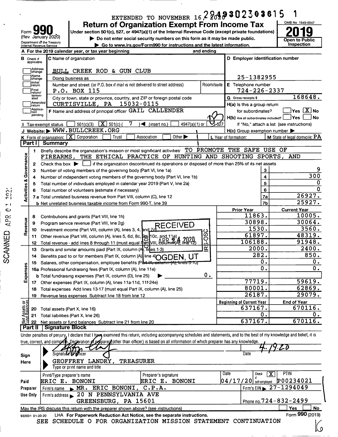 Image of first page of 2019 Form 990 for Bull Creek Rod and Gun Club