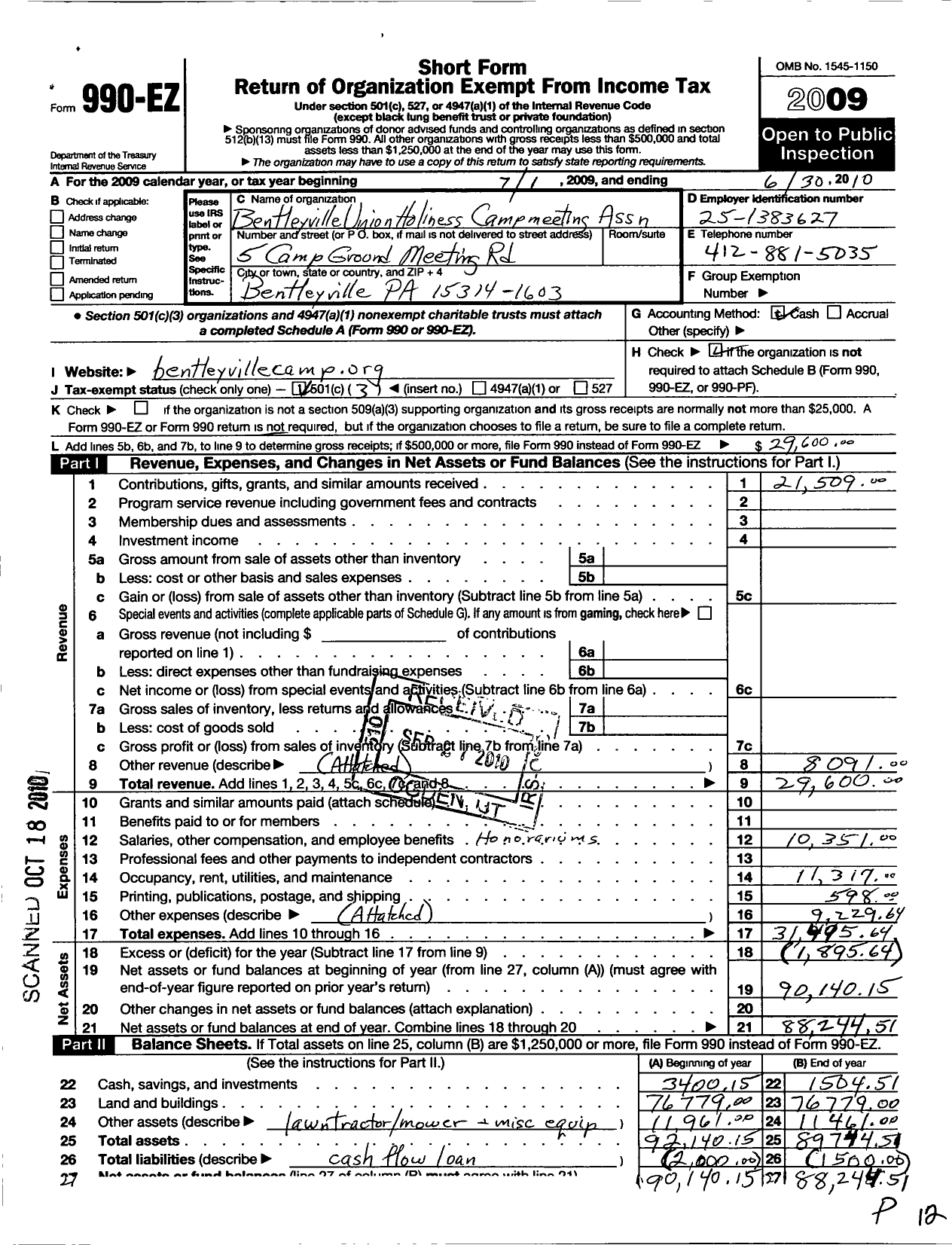 Image of first page of 2009 Form 990EZ for Bentleyville Union Holiness Camp Meeting Association