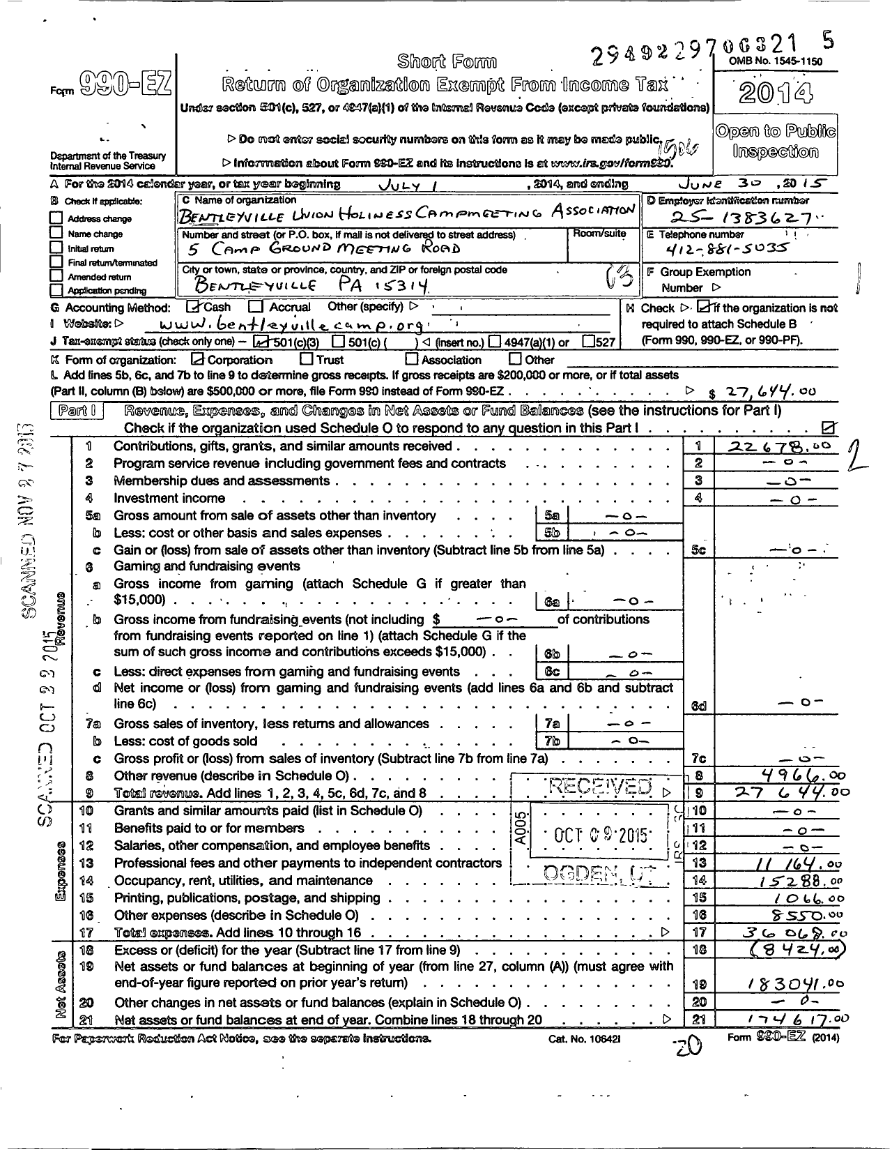 Image of first page of 2014 Form 990EZ for Bentleyville Union Holiness Camp Meeting Association