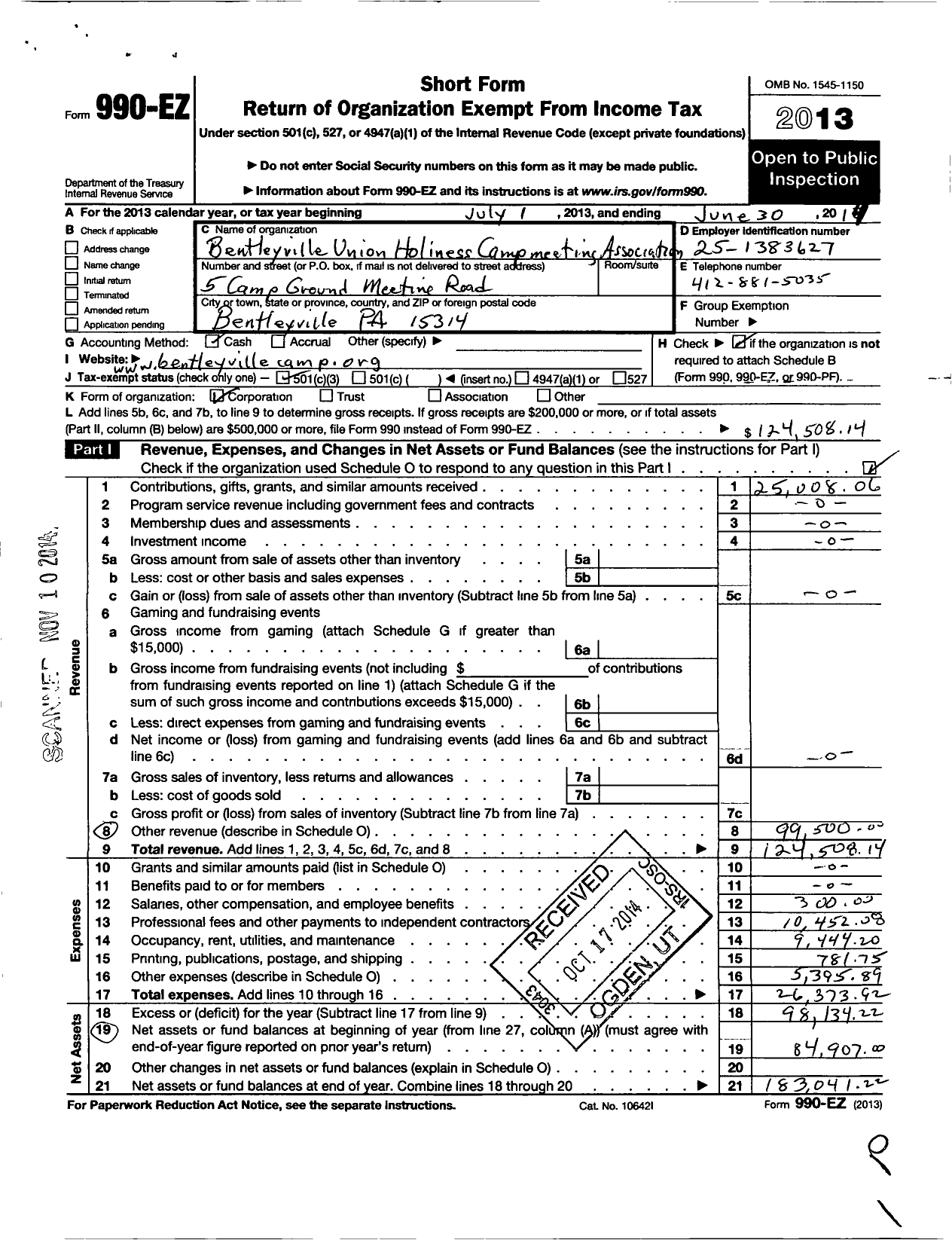 Image of first page of 2013 Form 990EZ for Bentleyville Union Holiness Camp Meeting Association