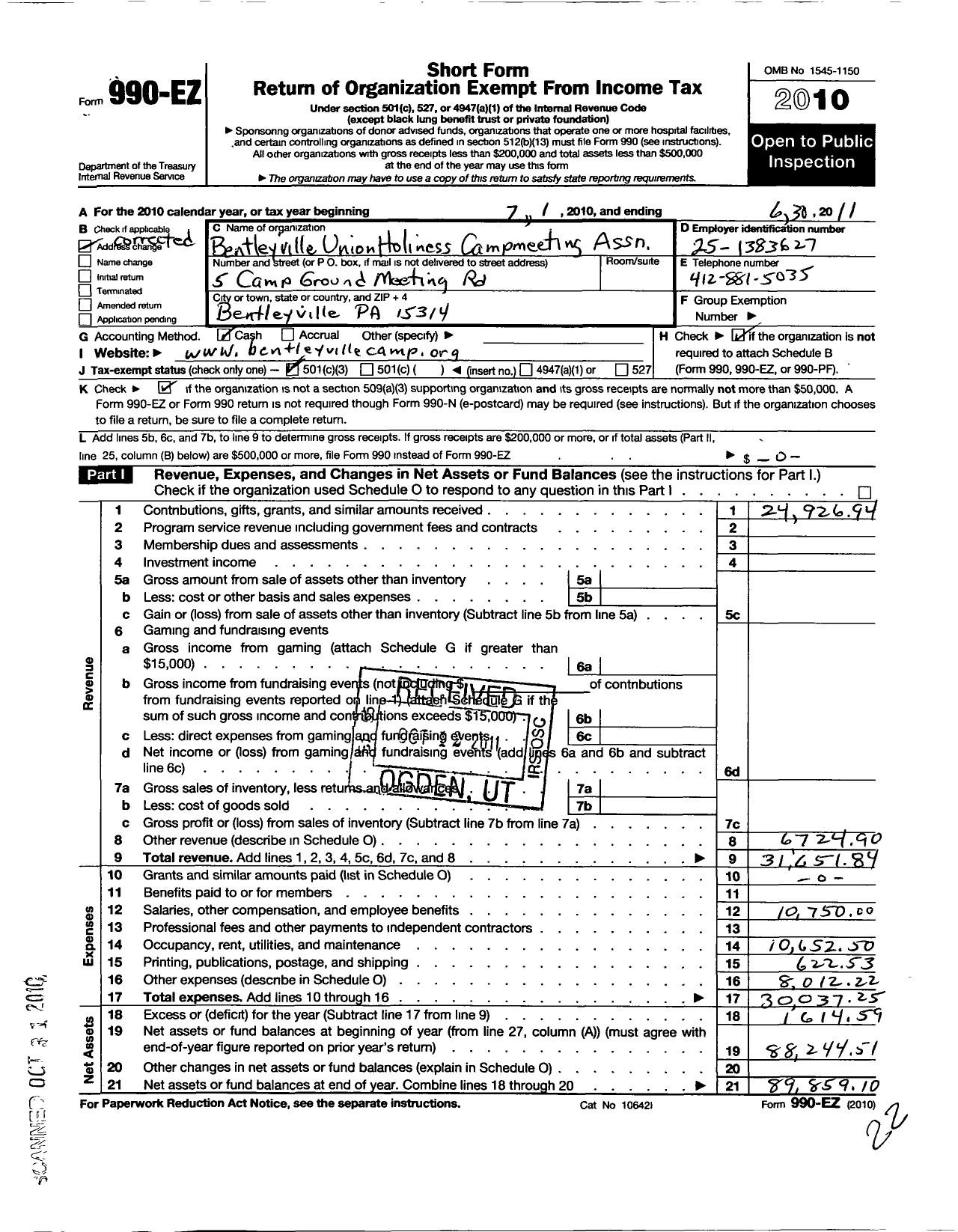 Image of first page of 2010 Form 990EZ for Bentleyville Union Holiness Camp Meeting Association