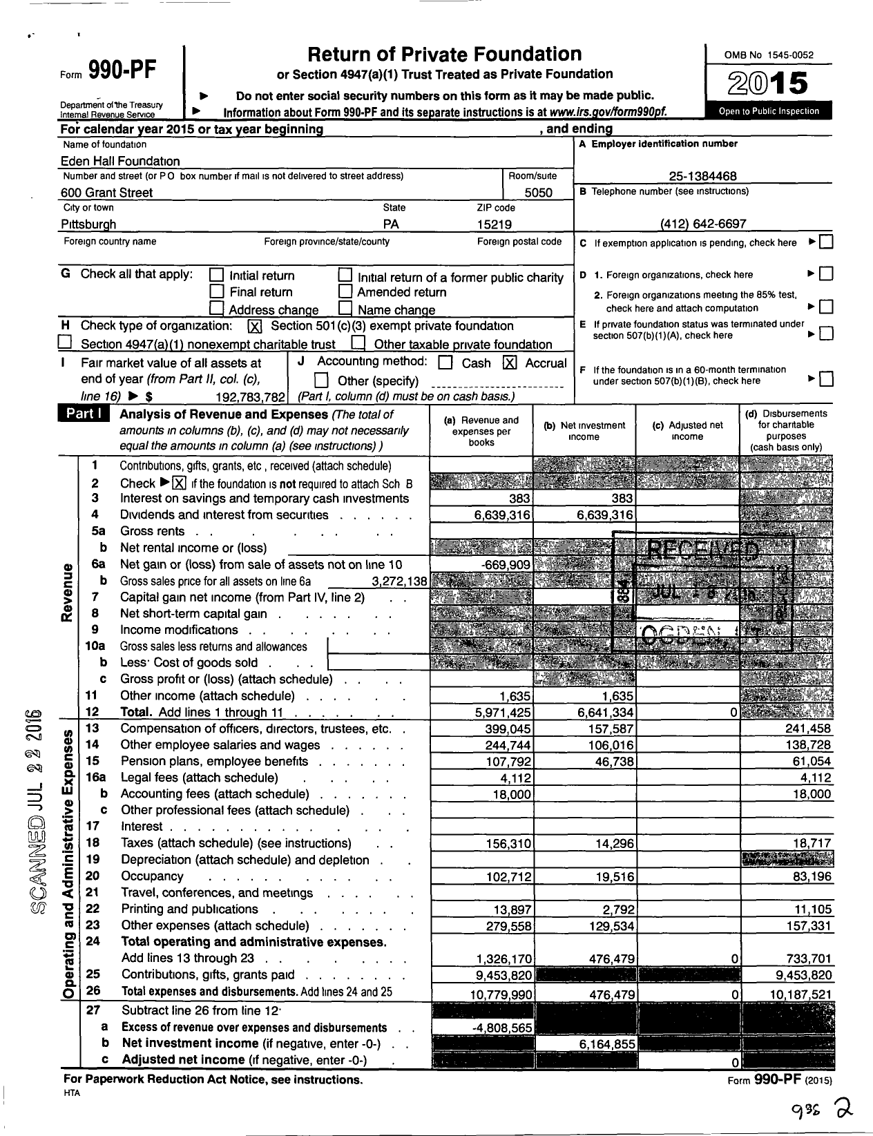 Image of first page of 2015 Form 990PF for Eden Hall Foundation