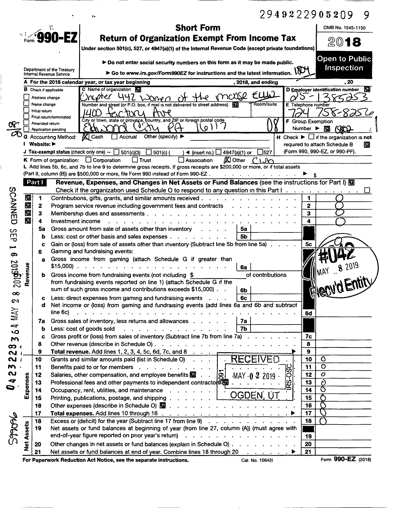 Image of first page of 2017 Form 990EO for Loyal Order of Moose - 442