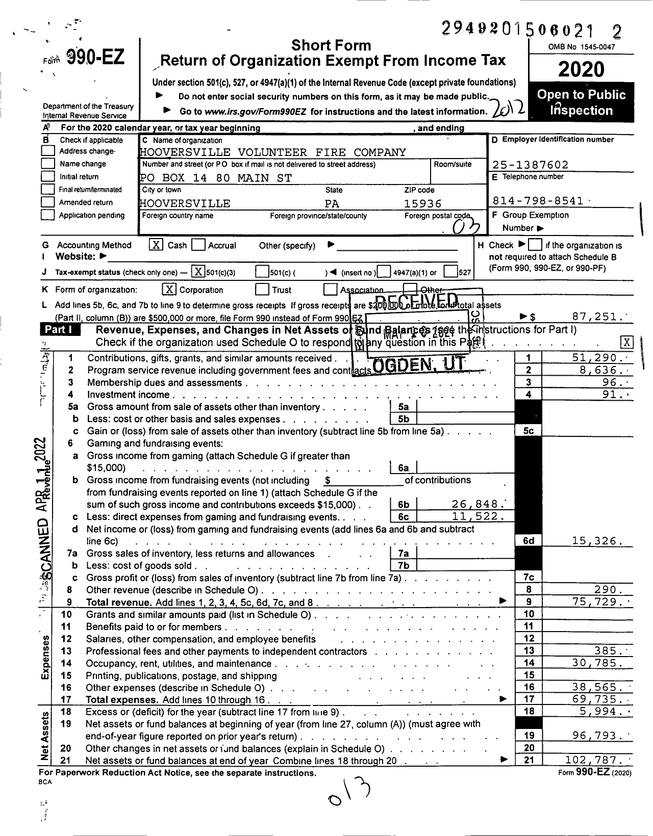 Image of first page of 2020 Form 990EZ for Hooversville Volunteer Fire Company