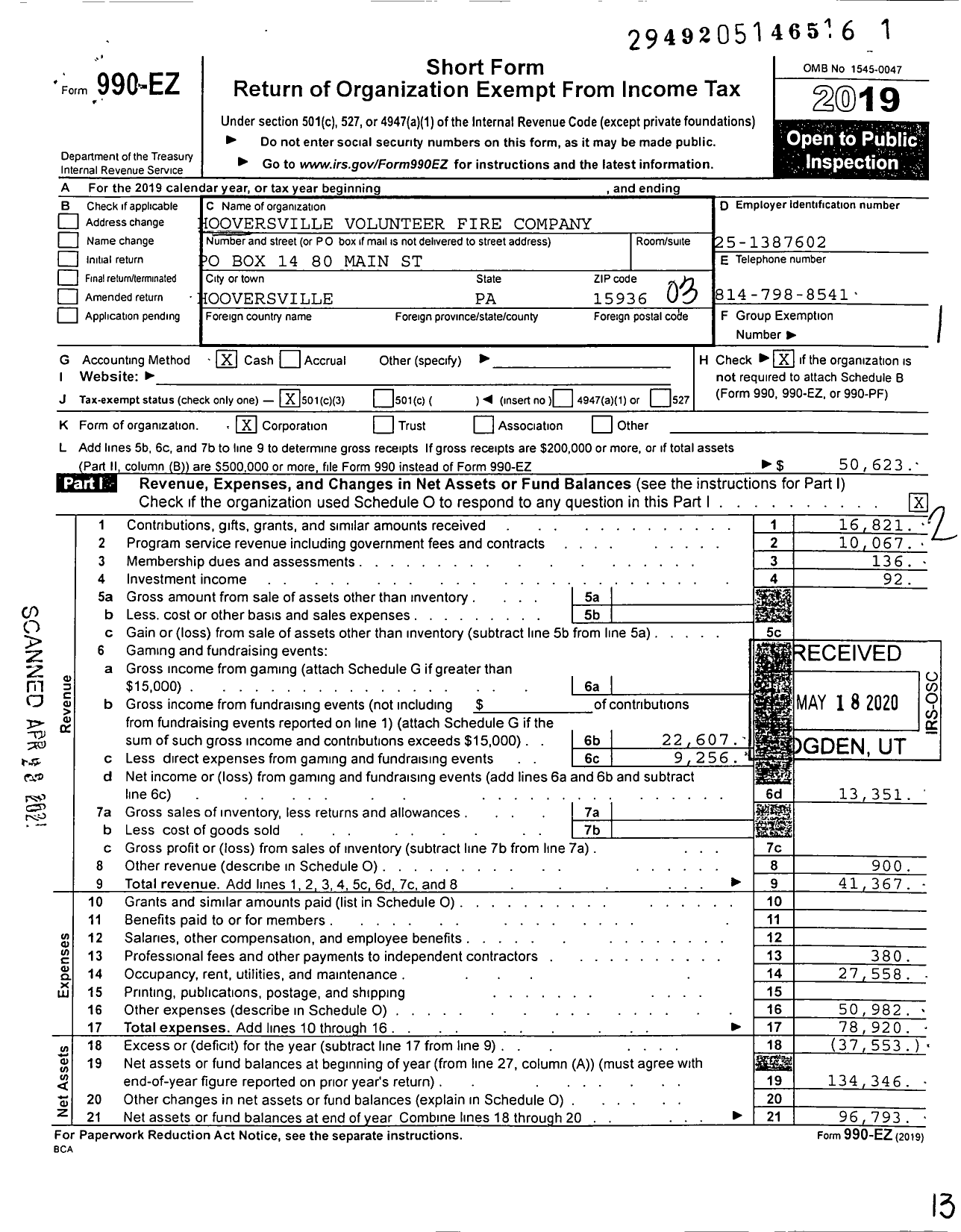 Image of first page of 2019 Form 990EZ for Hooversville Volunteer Fire Company