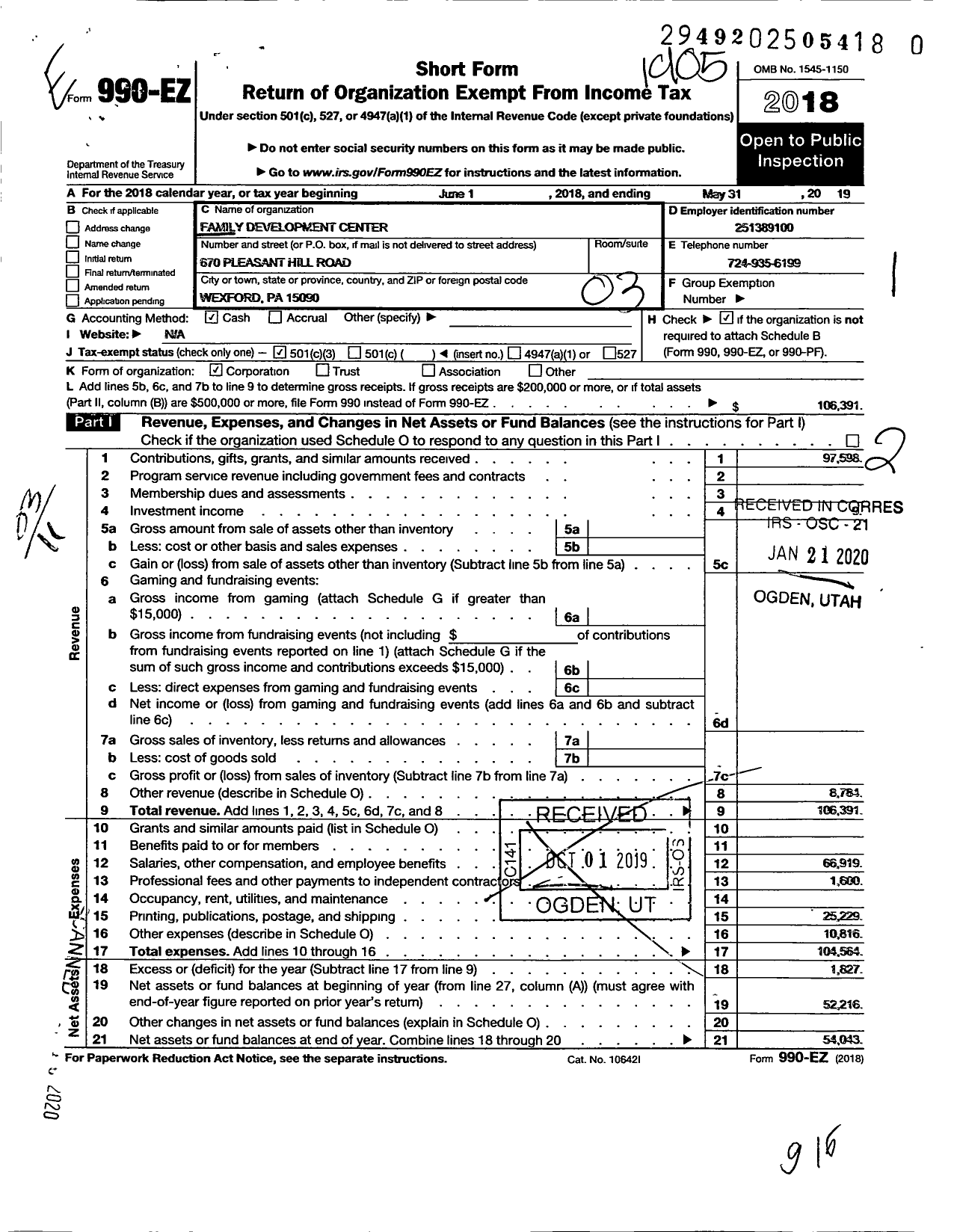 Image of first page of 2018 Form 990EZ for Family Development Center