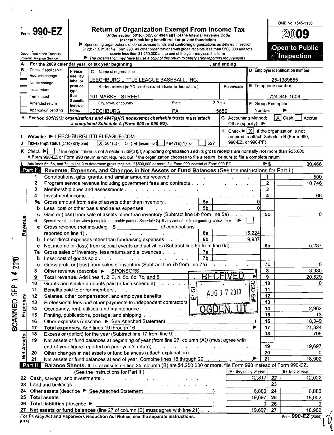 Image of first page of 2009 Form 990EZ for Little League Baseball - 2382605 Leechburg Area LL