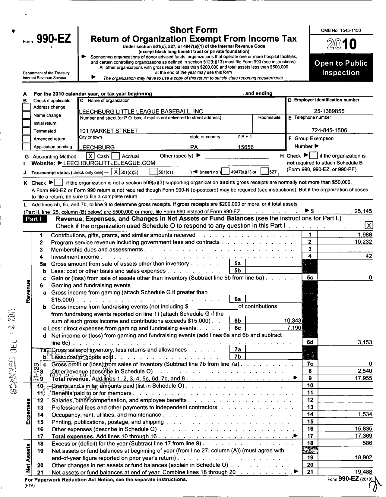 Image of first page of 2010 Form 990EZ for Little League Baseball - 2382605 Leechburg Area LL