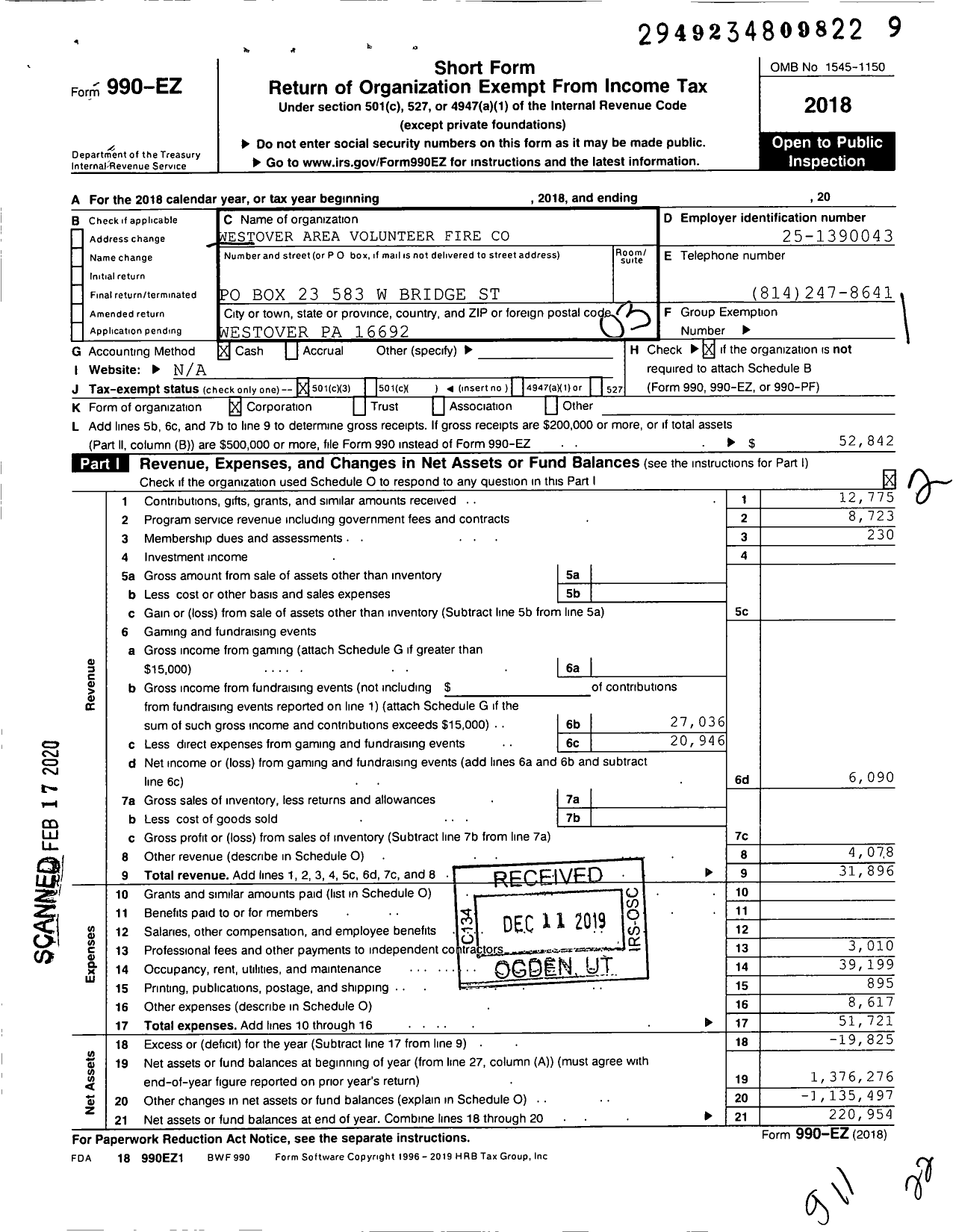 Image of first page of 2018 Form 990EZ for Westover Area Volunteer Fire Company