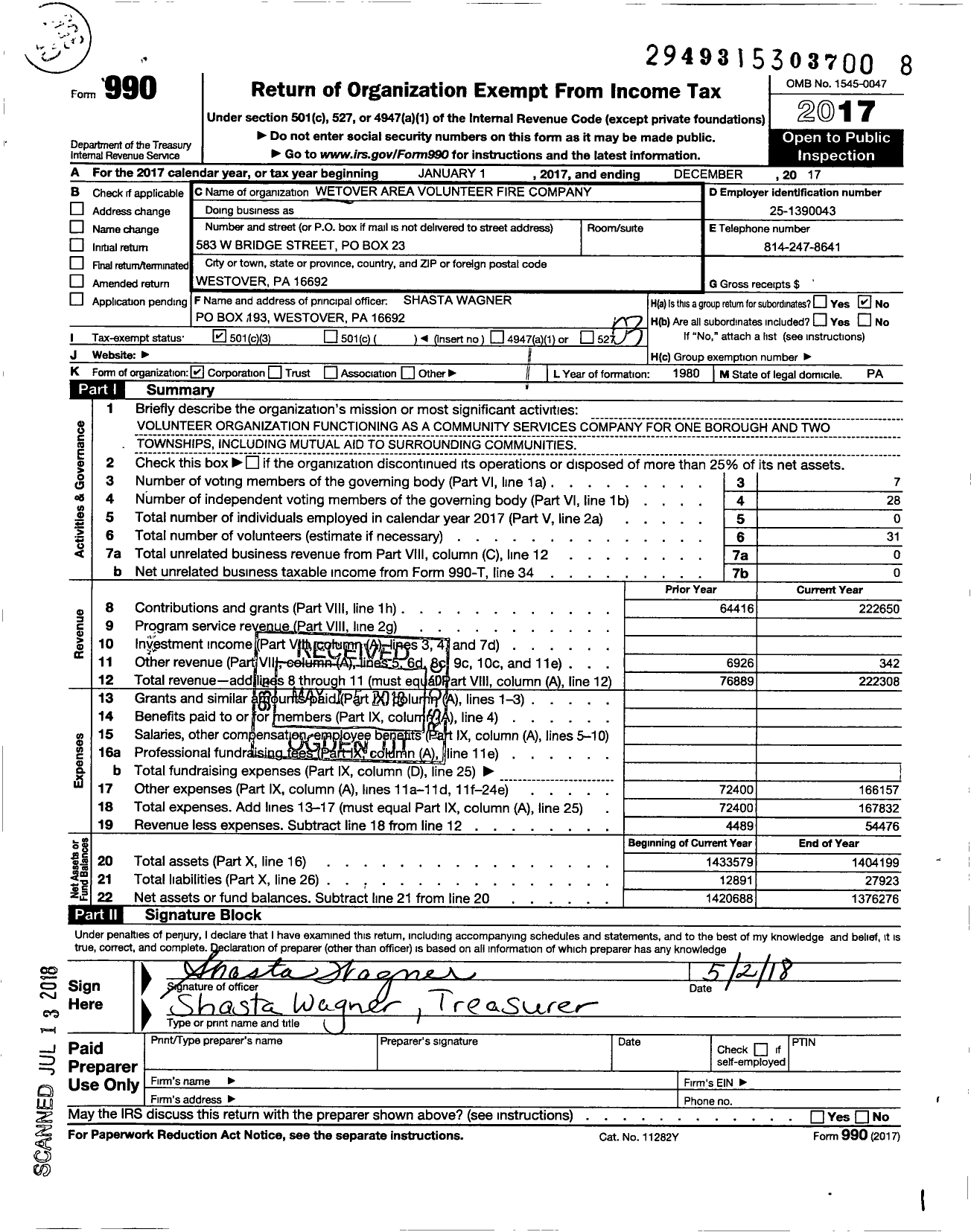 Image of first page of 2017 Form 990 for Westover Area Volunteer Fire Company