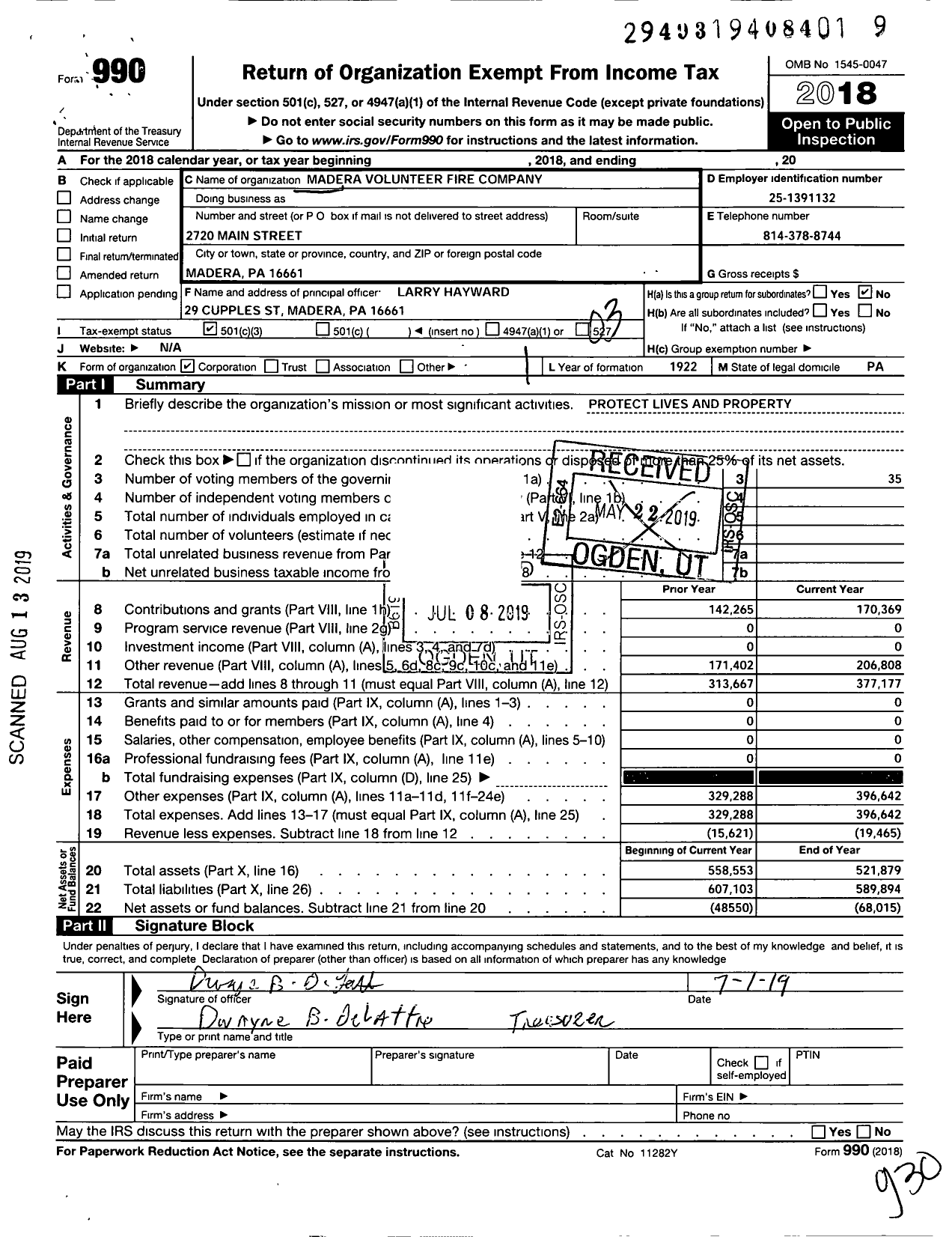 Image of first page of 2018 Form 990 for Madera Volunteer Fire Company