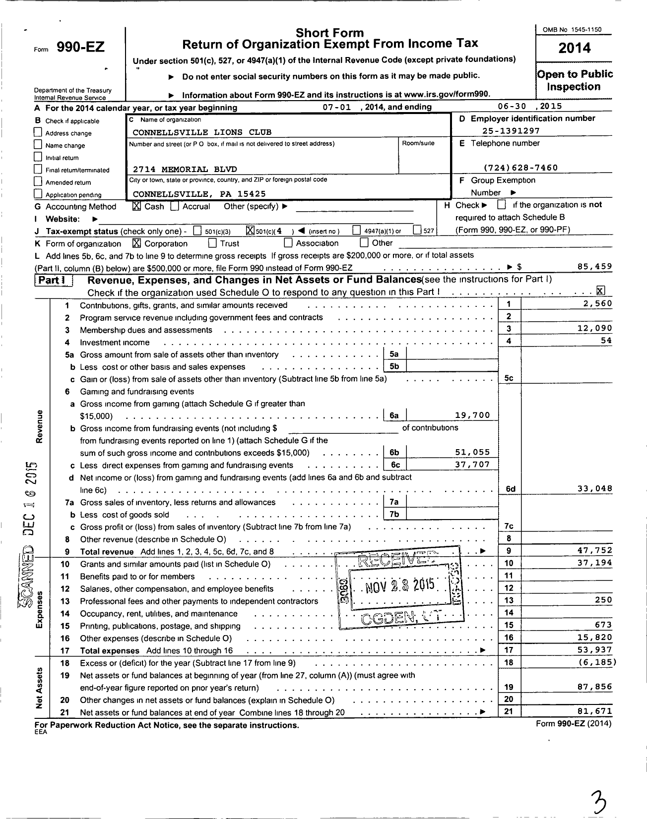 Image of first page of 2014 Form 990EO for Lions International Connellsville