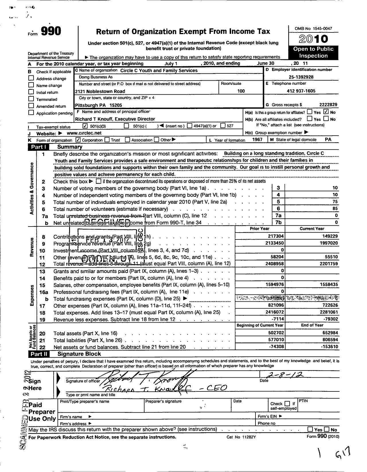 Image of first page of 2010 Form 990 for Circle C Youth and Family Services