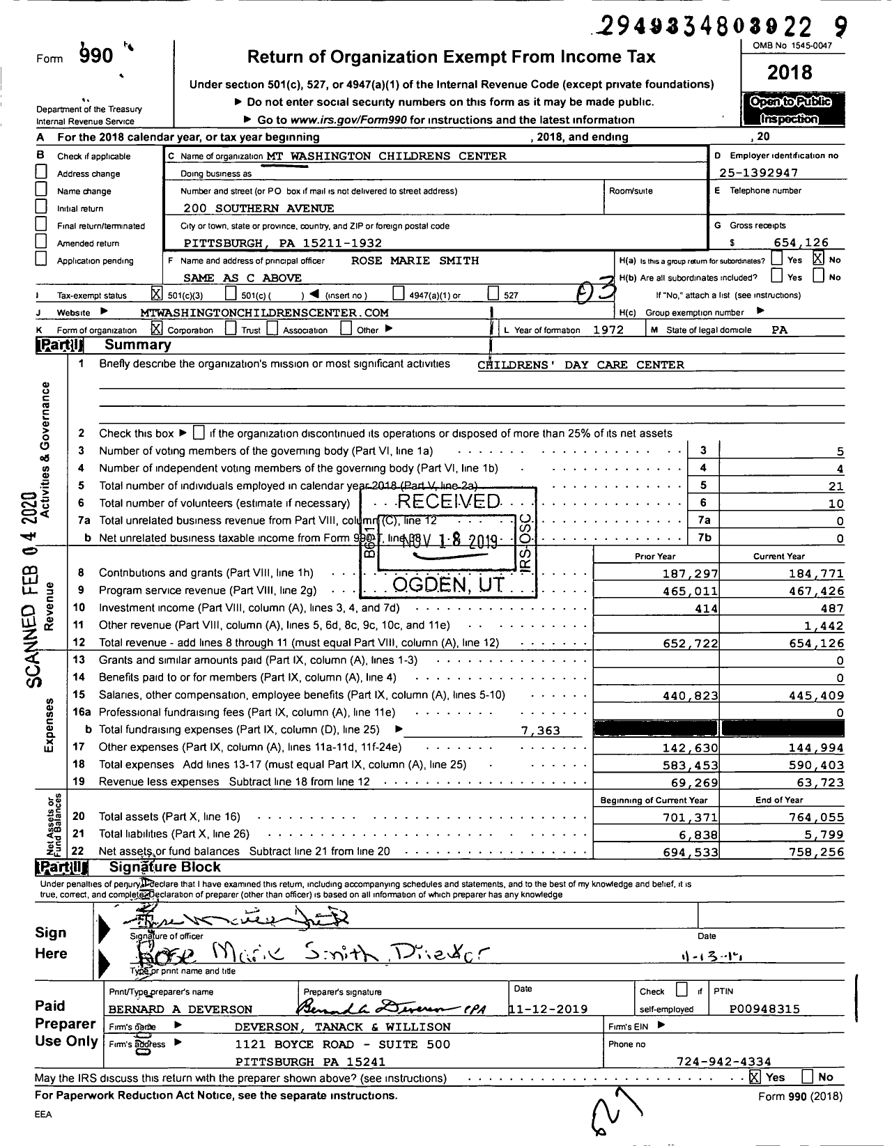 Image of first page of 2018 Form 990 for MT Washington Childrens Center