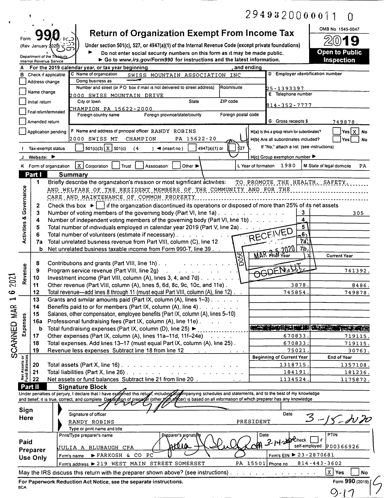 Image of first page of 2019 Form 990O for Swiss Mountain Association
