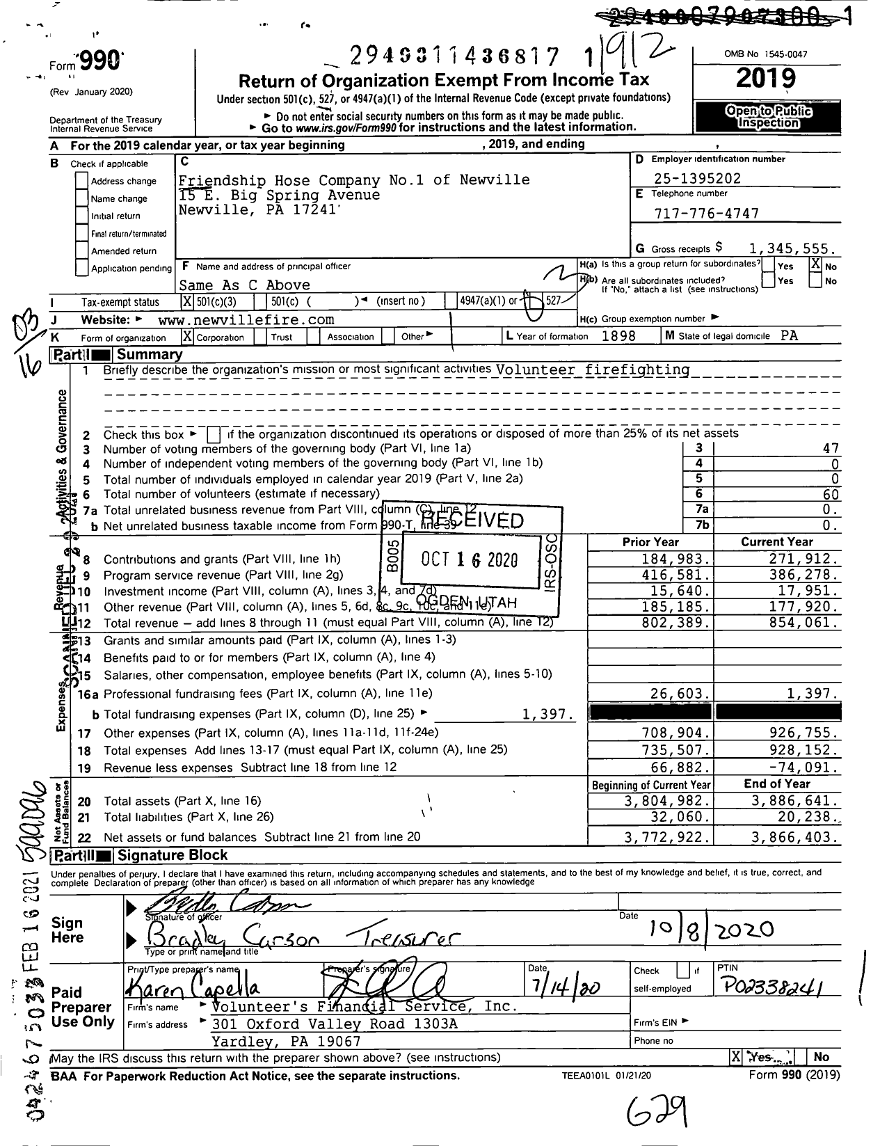 Image of first page of 2019 Form 990 for Friendship Hose Company No1 of Newville