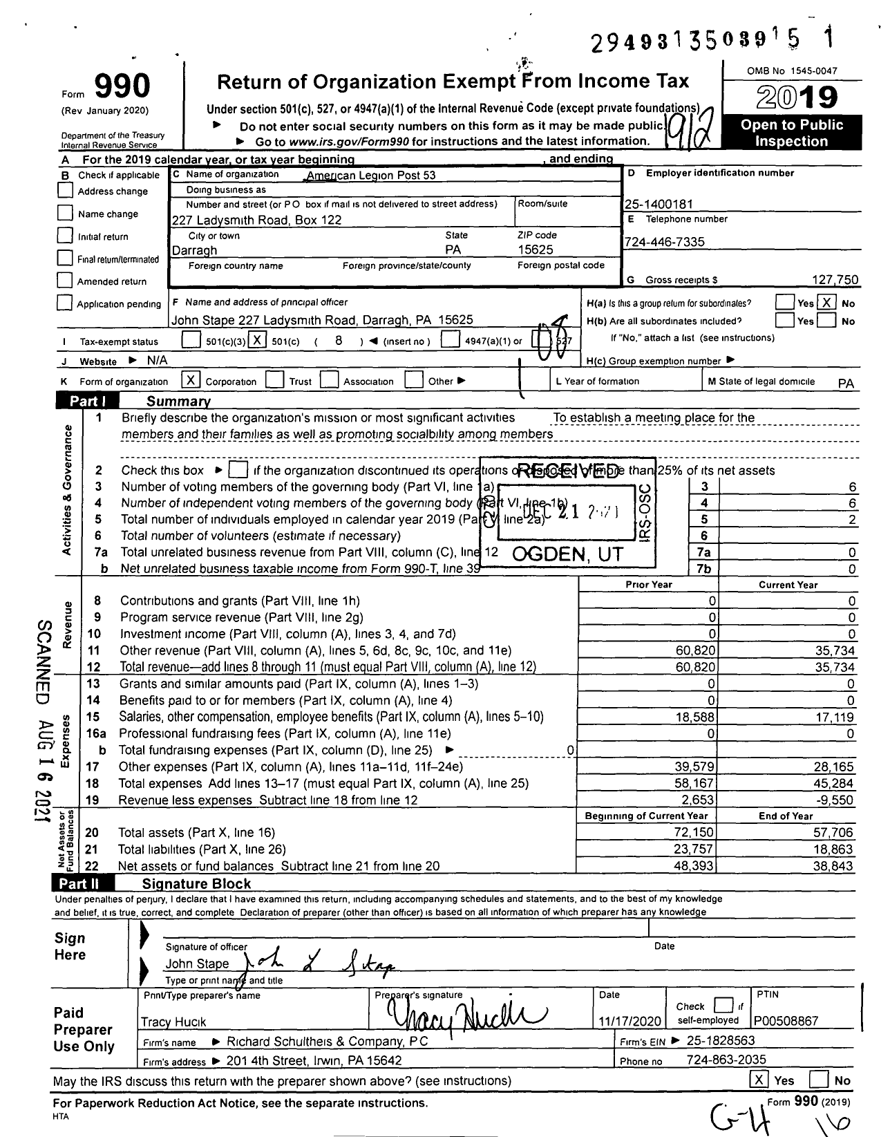 Image of first page of 2019 Form 990O for American Legion Post 53