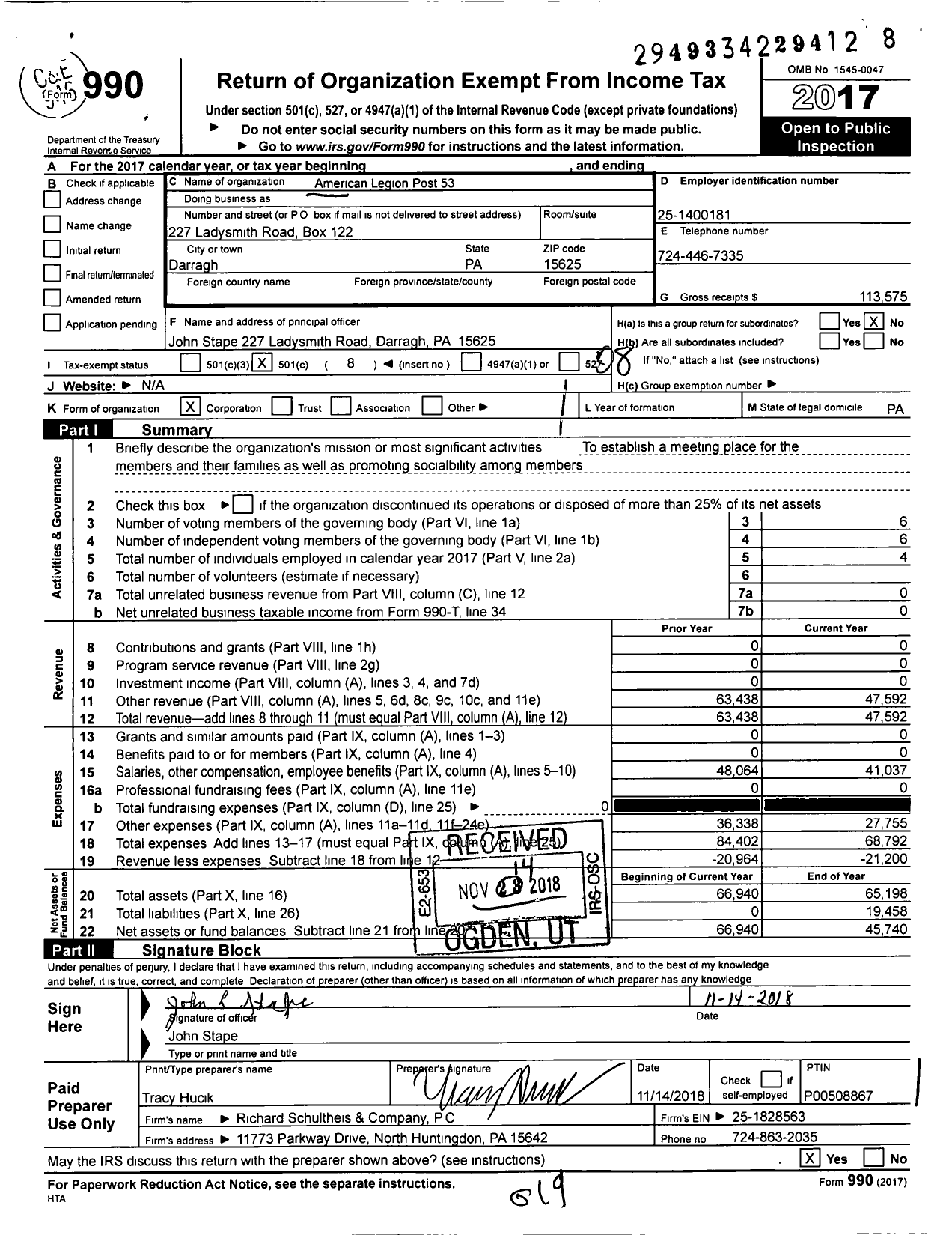 Image of first page of 2017 Form 990O for American Legion Post 53