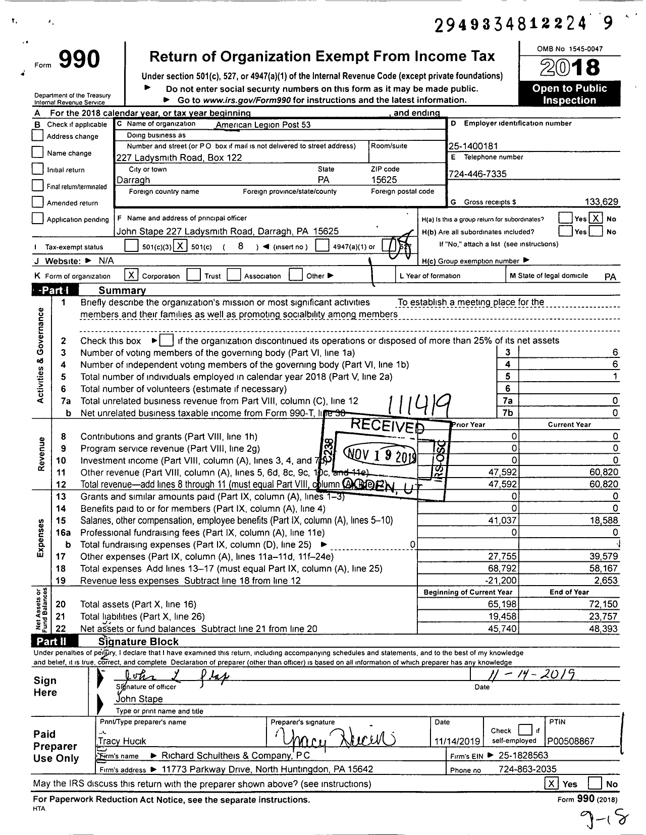 Image of first page of 2018 Form 990O for American Legion Post 53