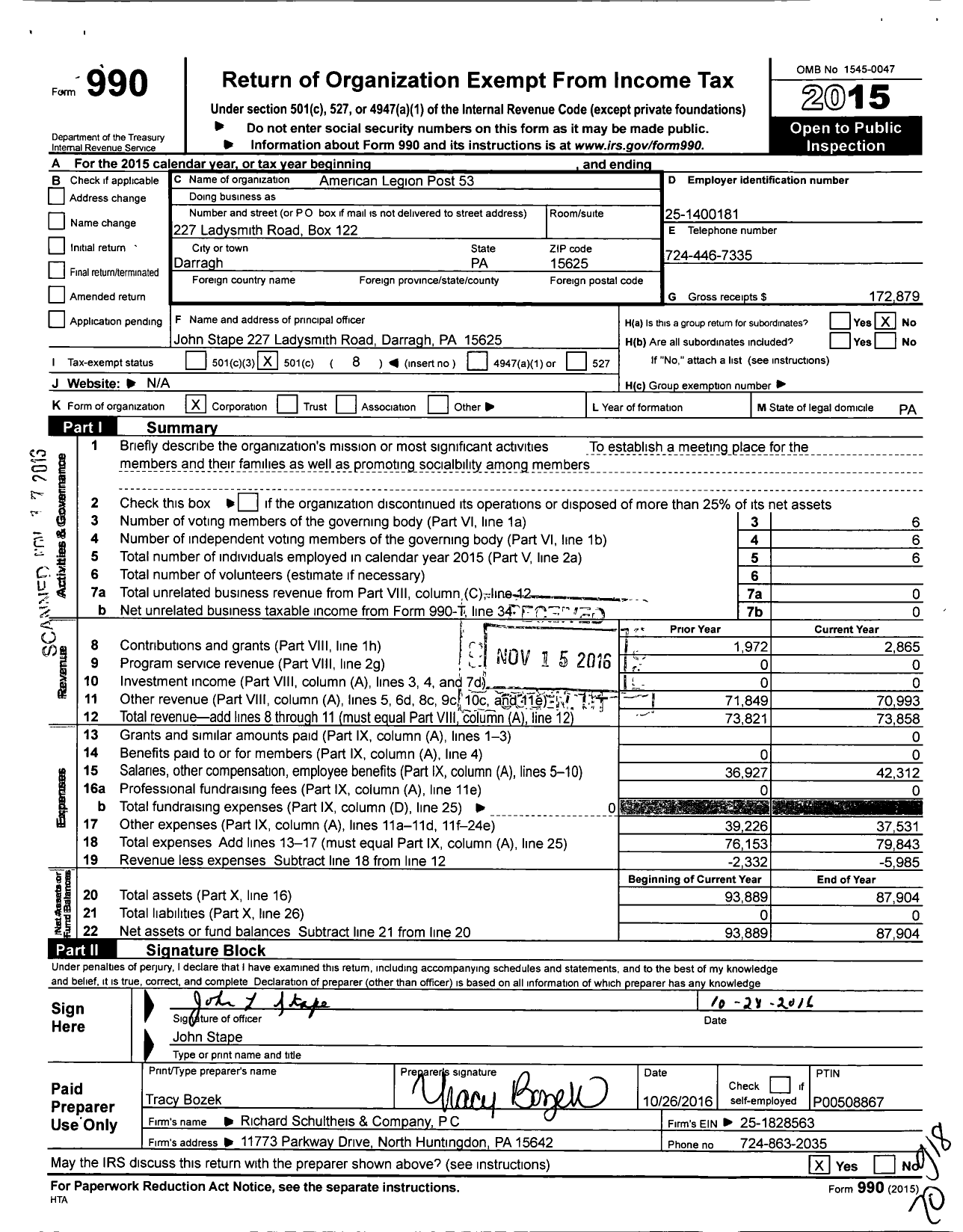 Image of first page of 2015 Form 990O for American Legion Post 53