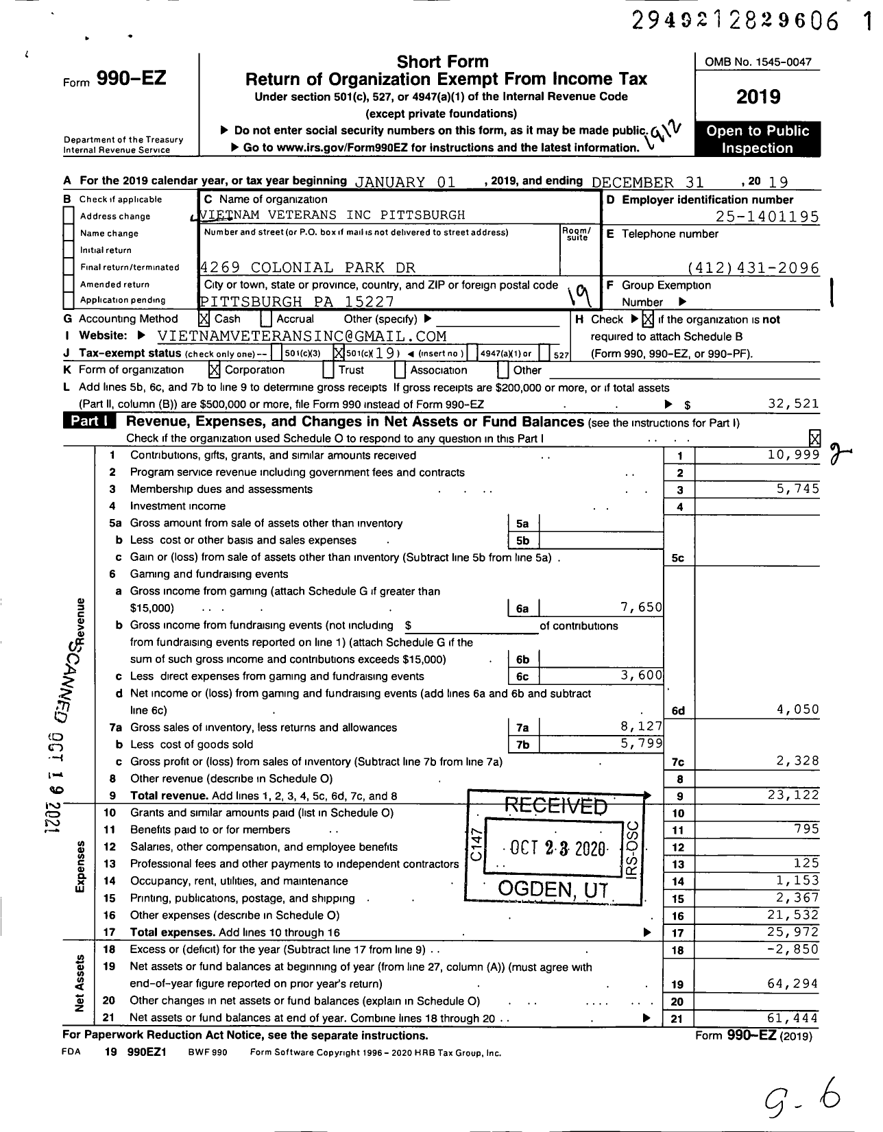 Image of first page of 2019 Form 990EO for Vietnam Veterans Pittsburgh