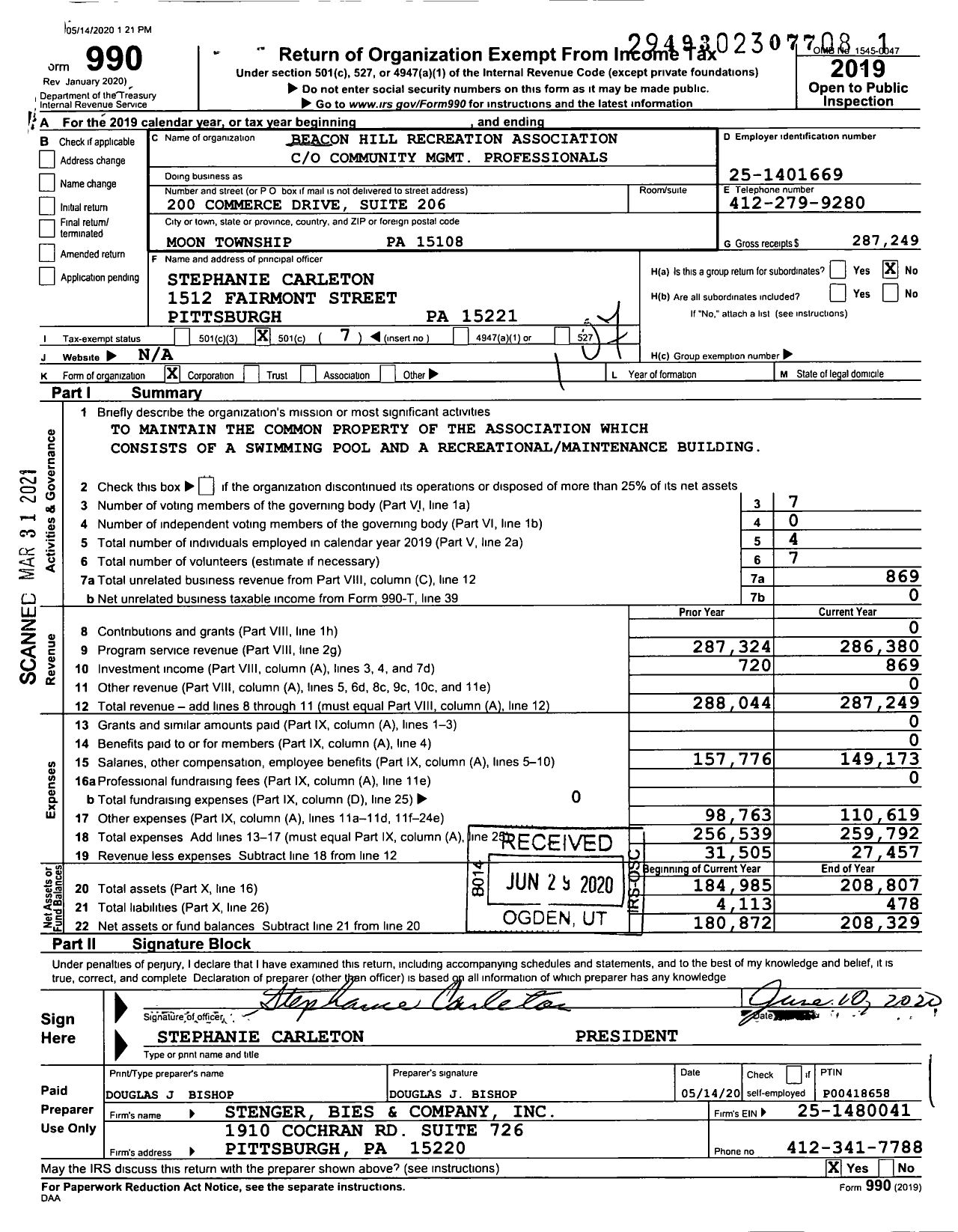 Image of first page of 2019 Form 990O for Beacon Hill Recreation Association