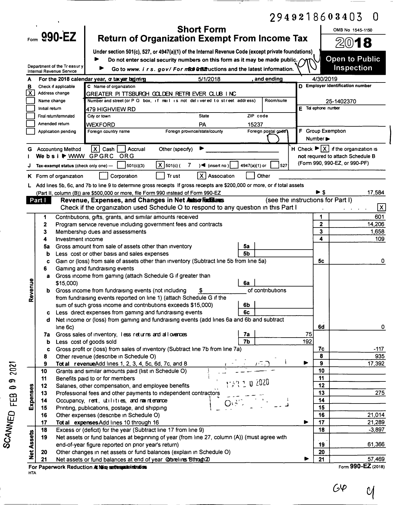 Image of first page of 2018 Form 990EO for Greater Pittsburgh Golden Retriever Club