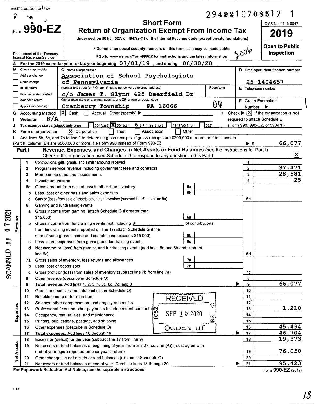 Image of first page of 2019 Form 990EO for Association of School Psychologists of PA